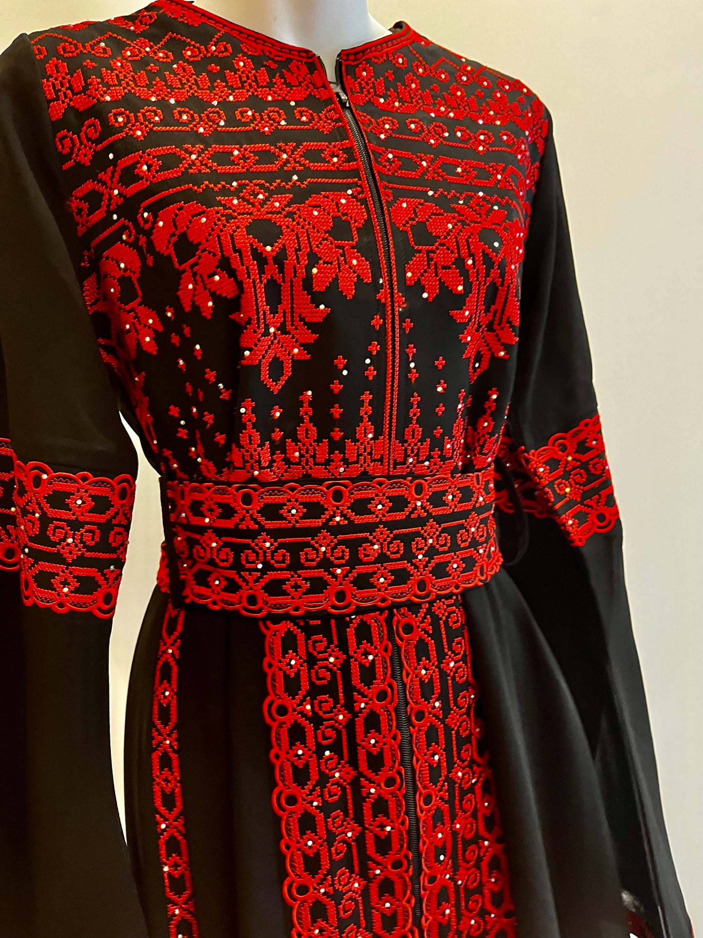 Black & Red Long Sleeve Full Embroidered Palestinian Thobe/Dress (3 pieces) - Al Khalili Thobe