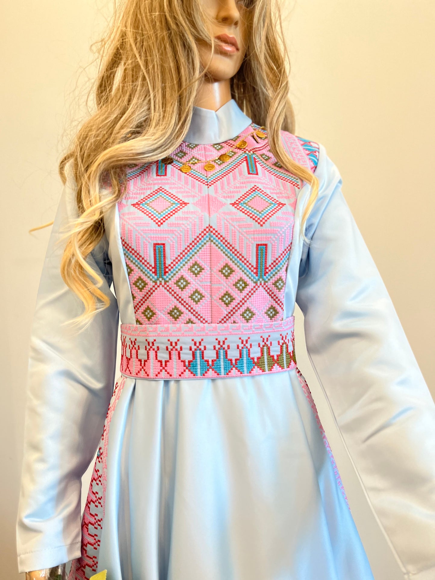 Rola - Blue Satin with Pink Tatreez Modern Dress Thobe - High Neck
