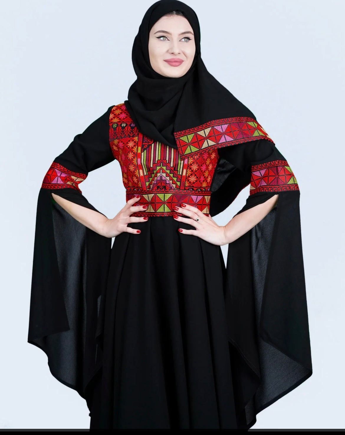 Sara - Black with Red Tatreez With Extra Long Sleeve Modern Dress Thobe