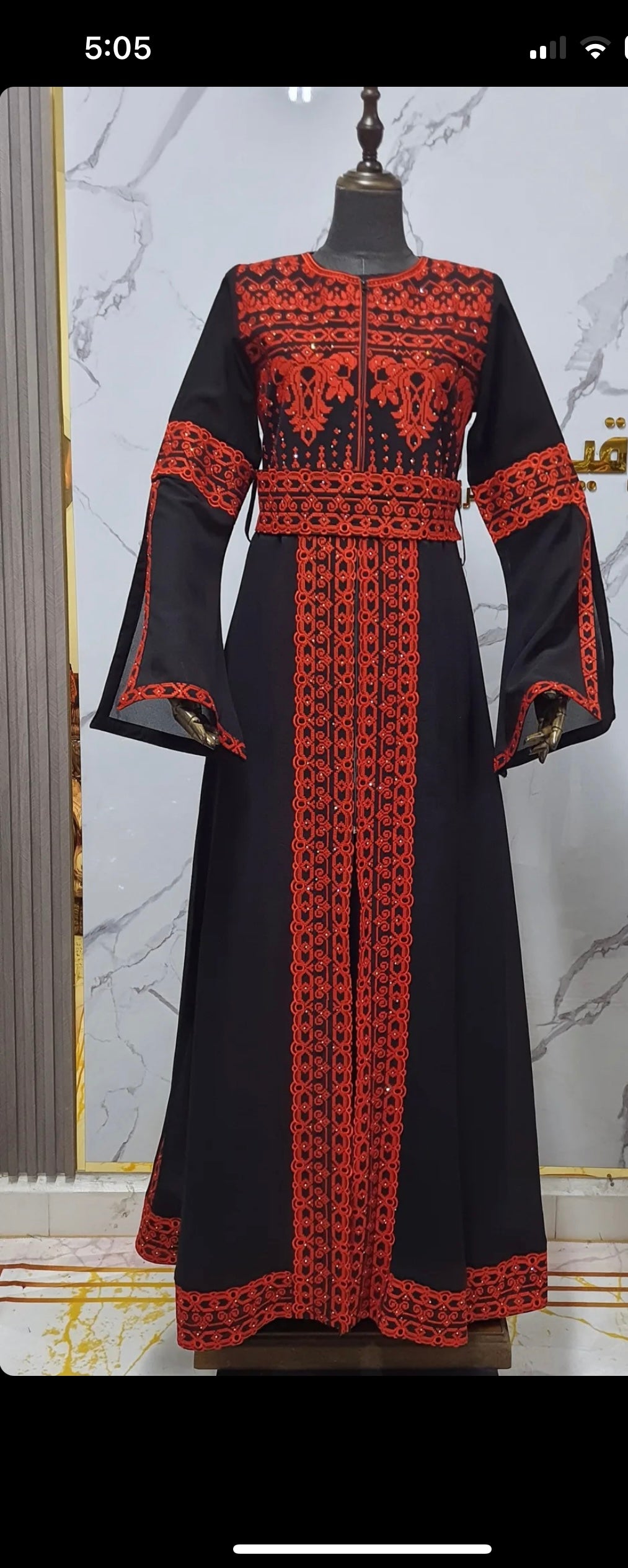 Black & Red Long Sleeve Full Embroidered Palestinian Thobe/Dress (3 pieces) - Al Khalili Thobe