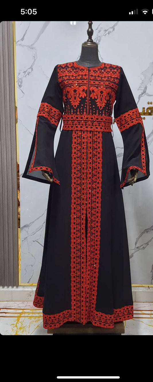 Black & Red Long Sleeve Full Embroidered Palestinian Thobe/Dress (3 pieces) - Al Khalili Thobe