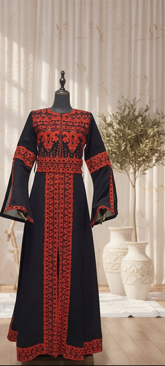 Black & Red Long Sleeve Full Embroidered Palestinian Thobe/Dress (3 pieces) - Al Khalili Thobe