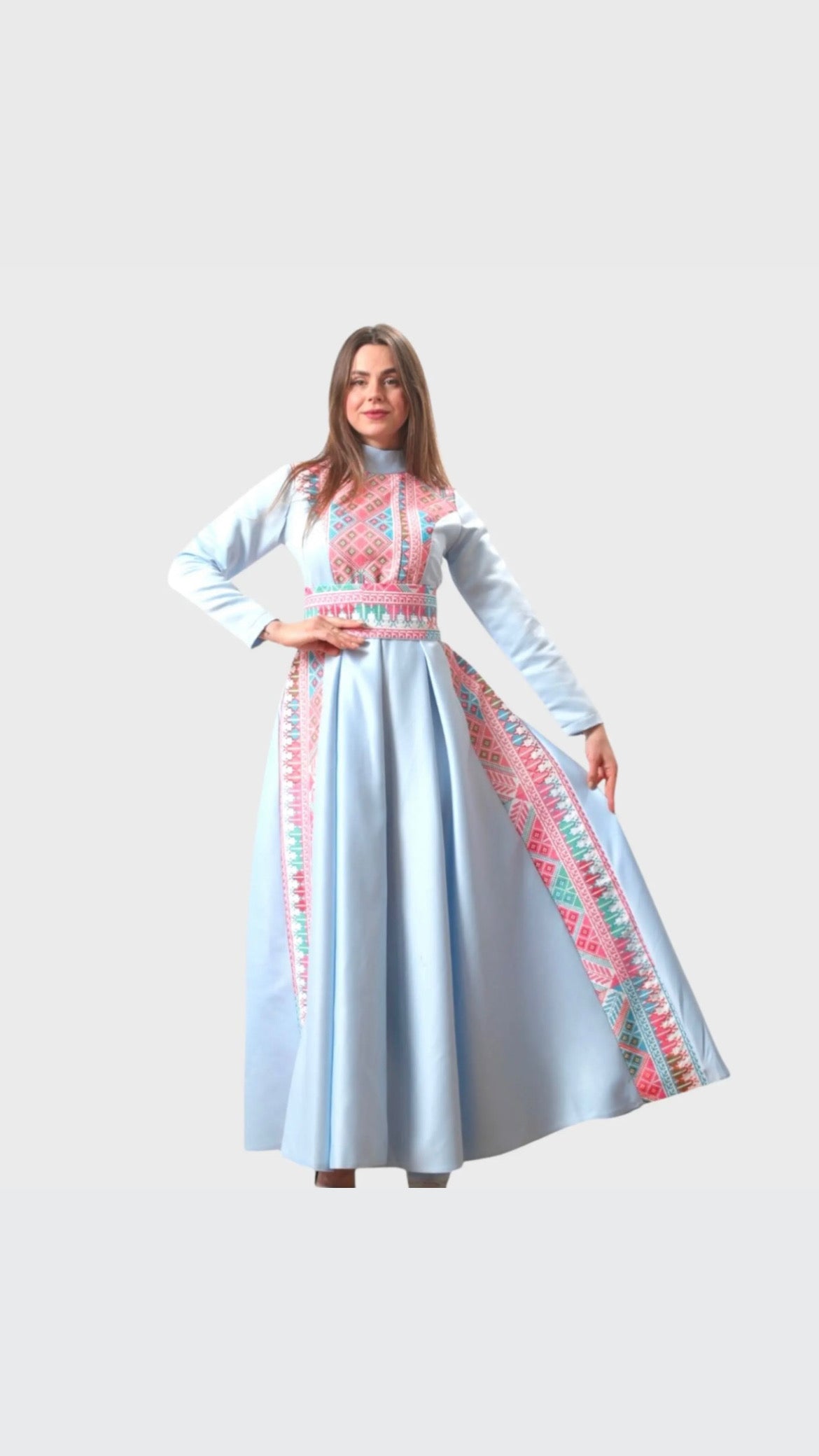 Rola - Blue Satin with Pink Tatreez Modern Dress Thobe - High Neck