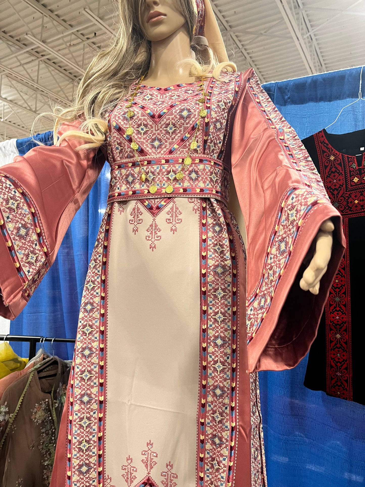 Nabuls Thobe - Pink and Beige Traditional Full tatreez back and front Thobe