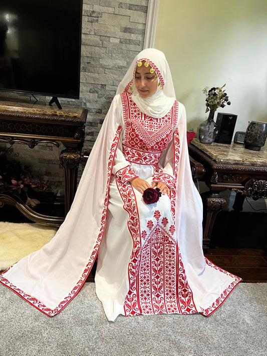 Bridal White & Red Full Embroidered Thobe - Cape Sleeve