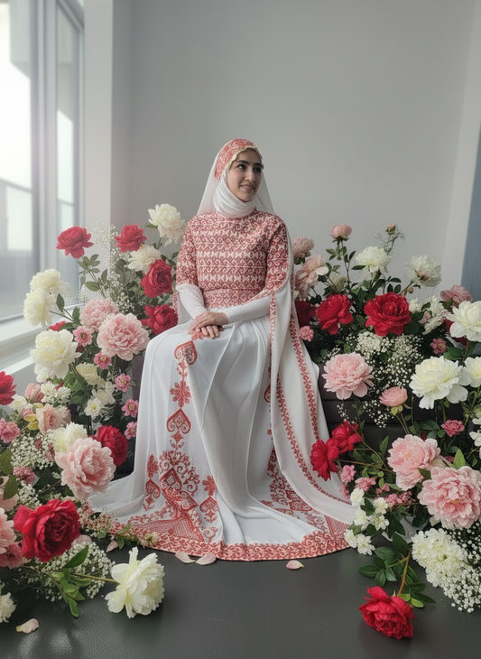 Bridal White & Red Full Top Embroidery With Extra long Sleeves (Zipper Back)
