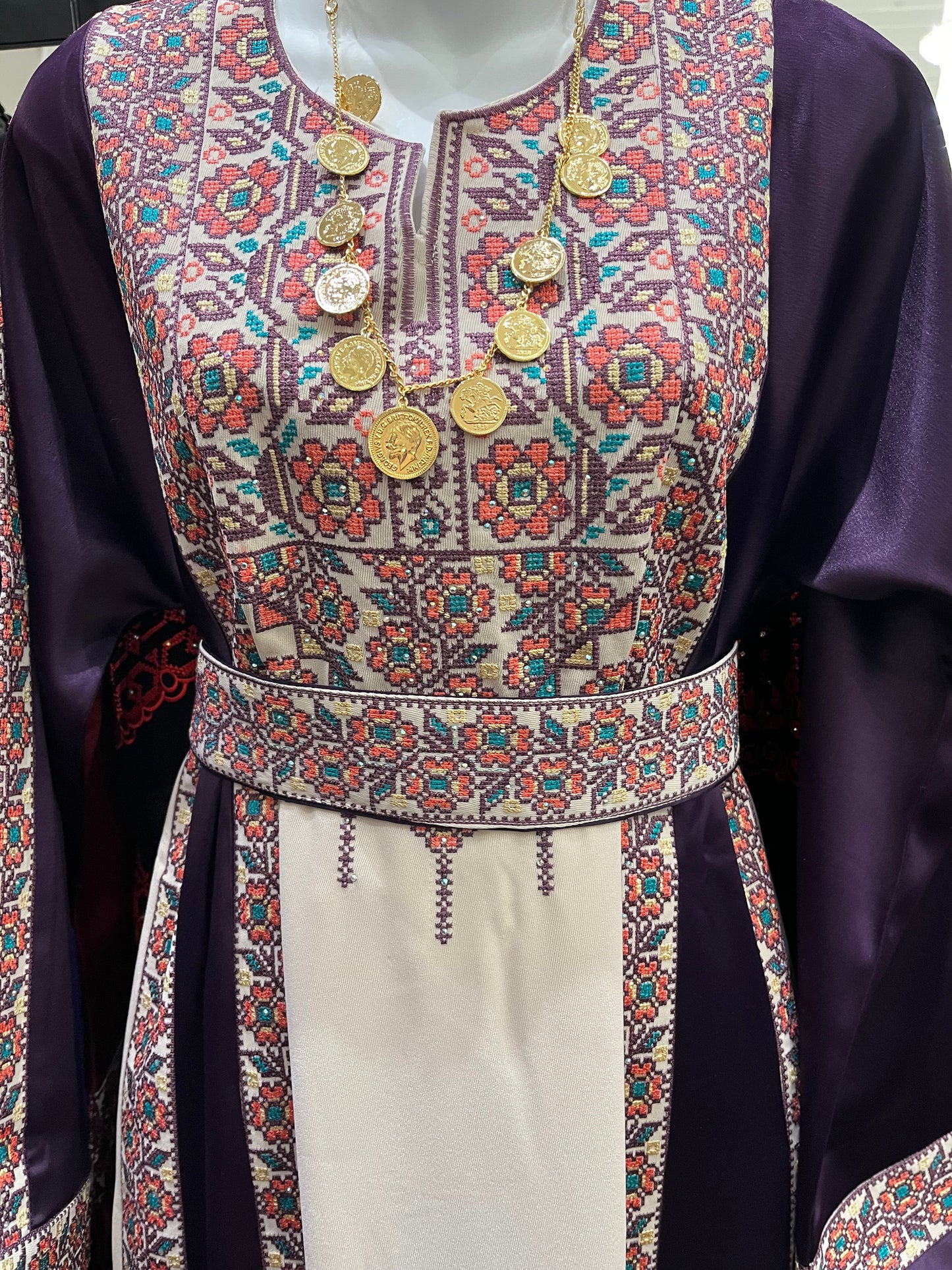 Purple With Flowers & Sparkle Traditional Long Sleeve Full Embroidered Palestinian Thobe/Dress