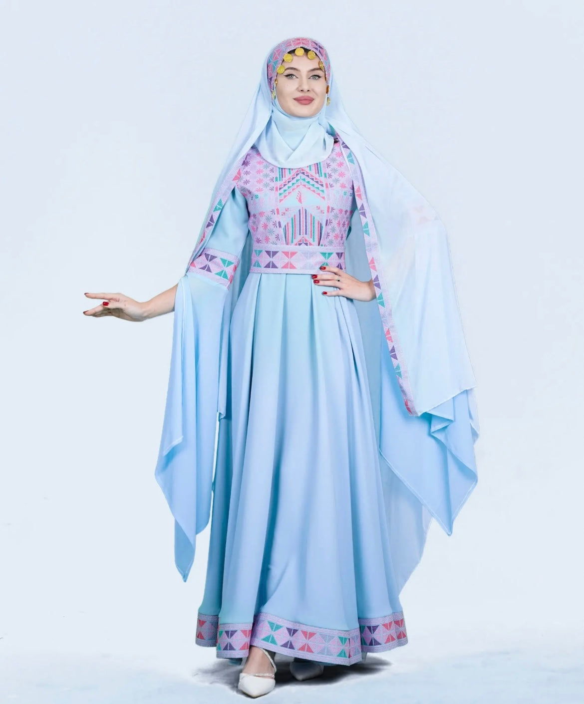 Sara - Blue with Pink Tatreez With Extra Long Sleeve Modern Dress Thobe