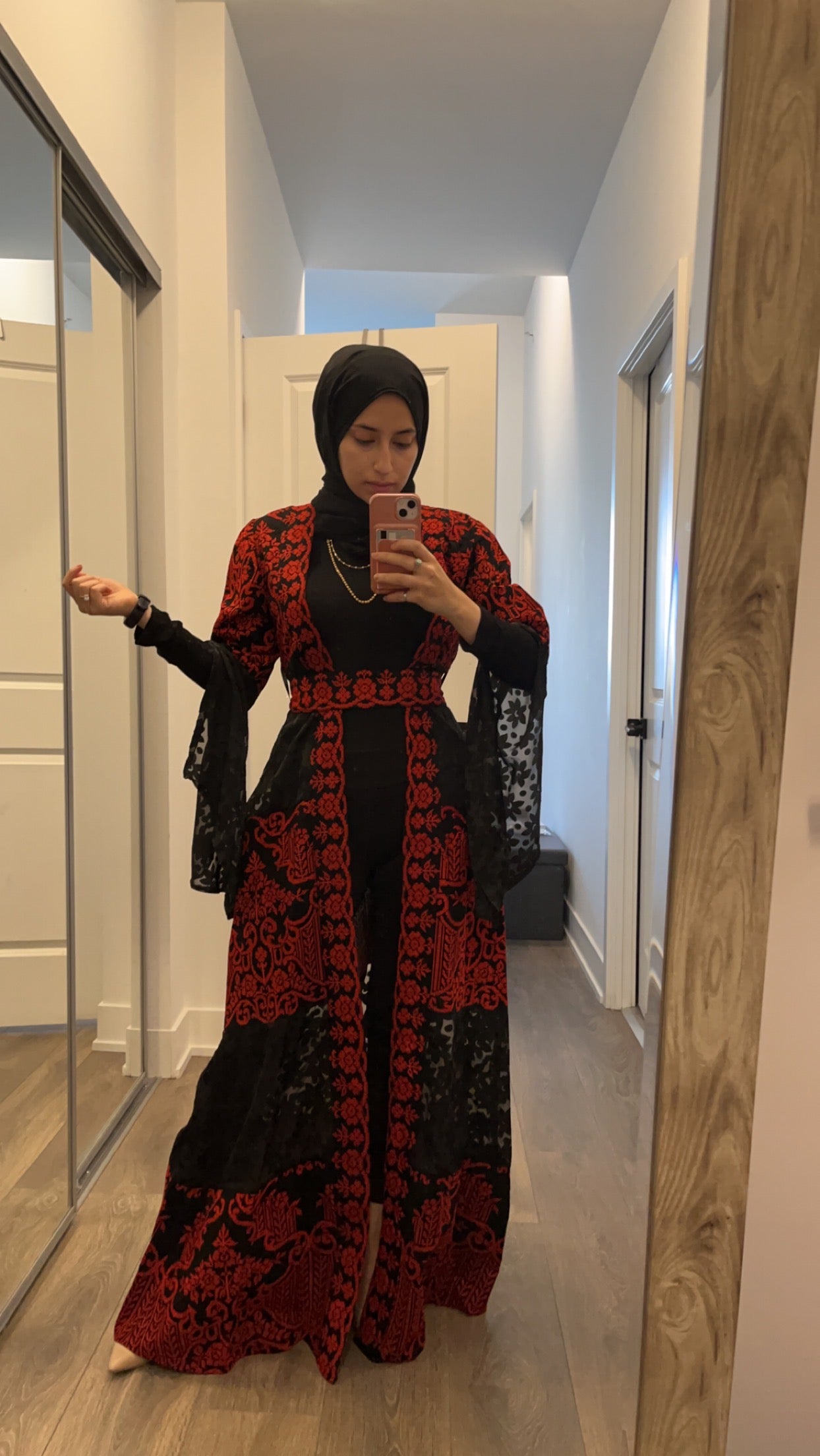 Long Sleeve Embroidered with Red & Black Tatreez Bisht