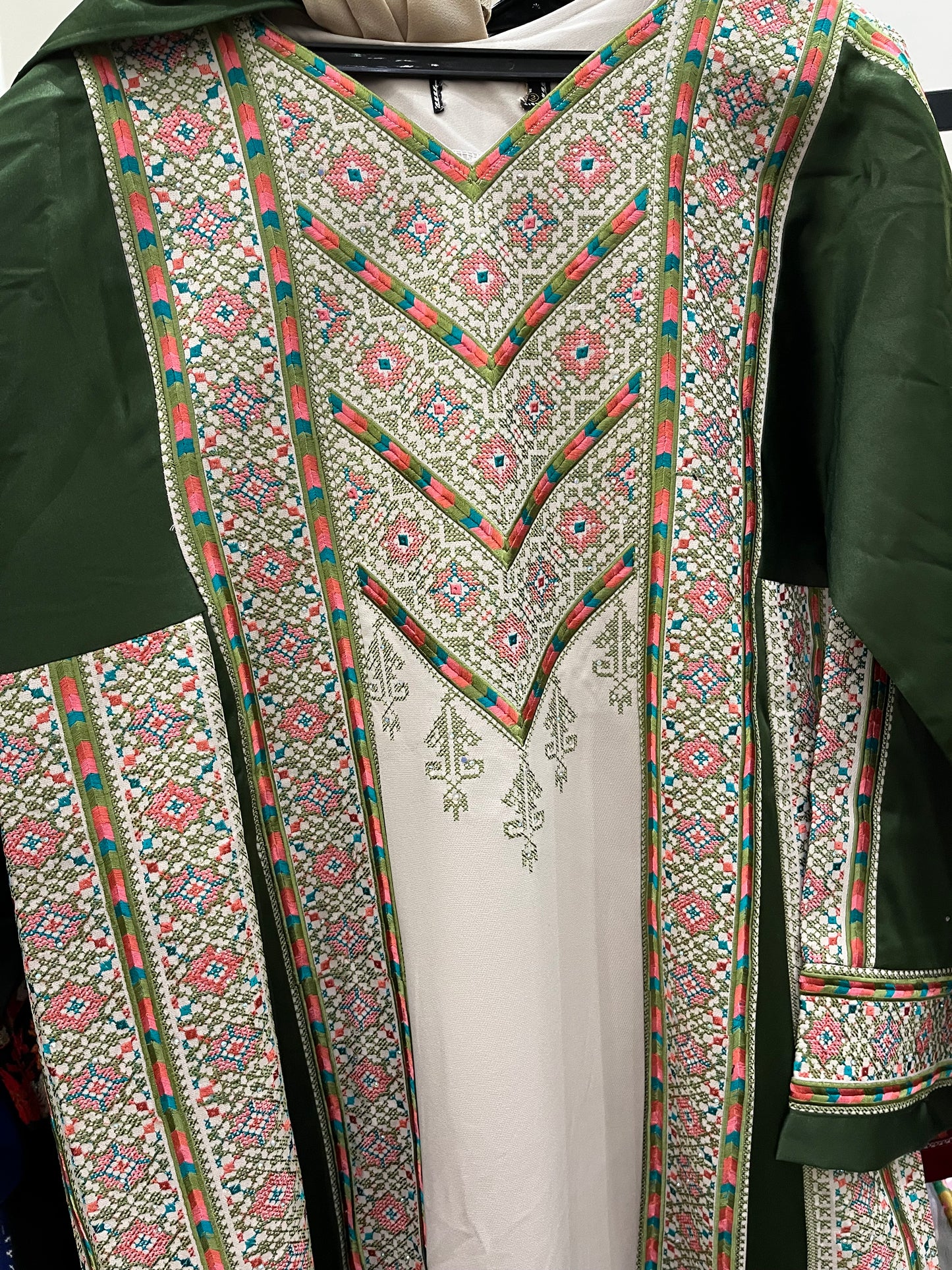 Nabuls Thobe - Green and Beige Traditional Full tatreez back and front Thobe ( No veil)