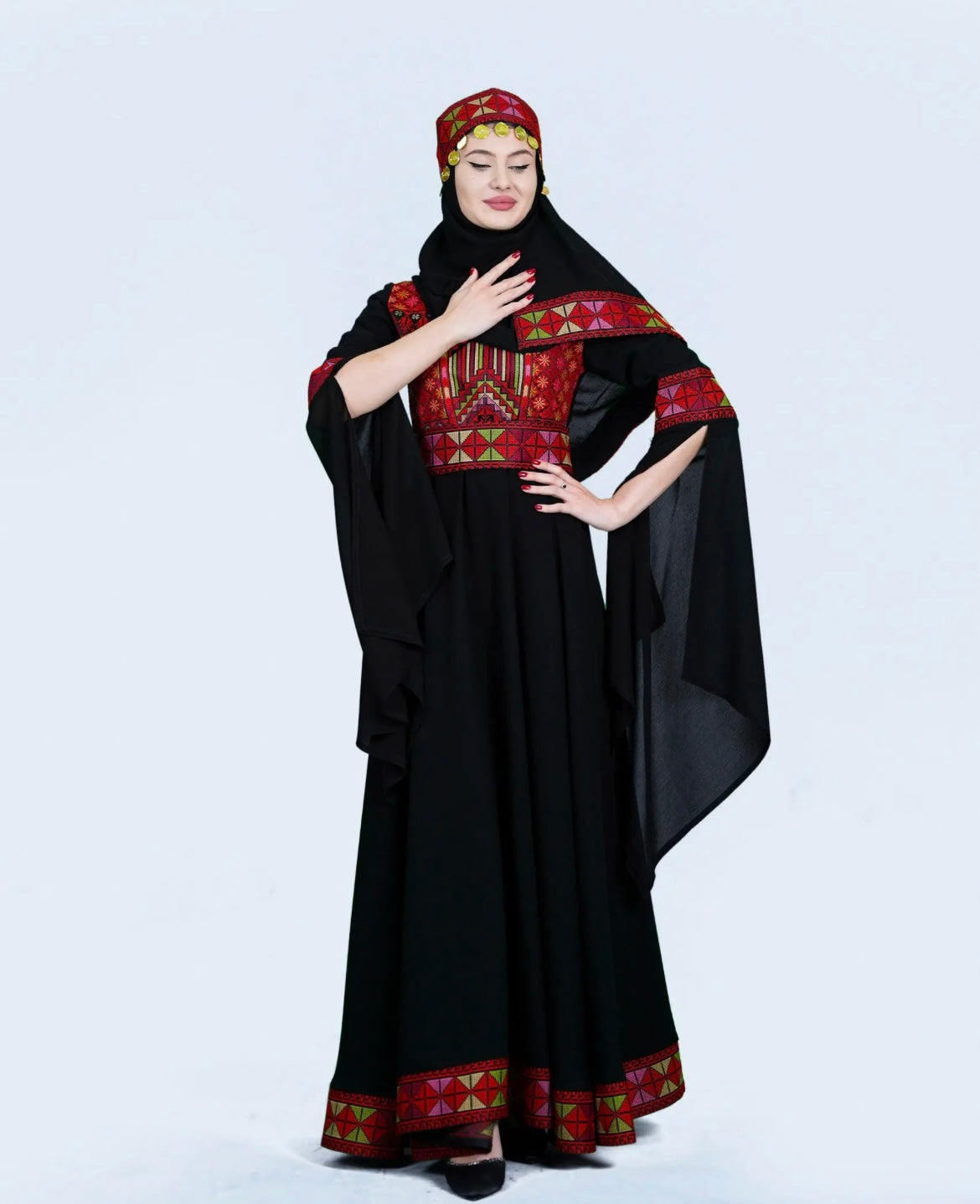 Sara - Black with Red Tatreez With Extra Long Sleeve Modern Dress Thobe