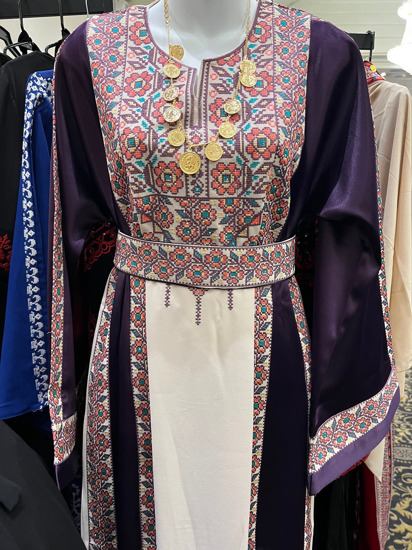 Purple With Flowers & Sparkle Traditional Long Sleeve Full Embroidered Palestinian Thobe/Dress
