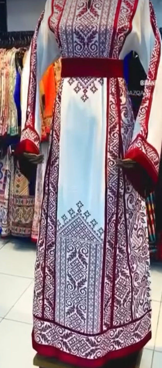 Jenin Thobe - White and Red traditional Bridal Thobe  (Embroidered Tatreez Palestinian Jordanian Thobe)