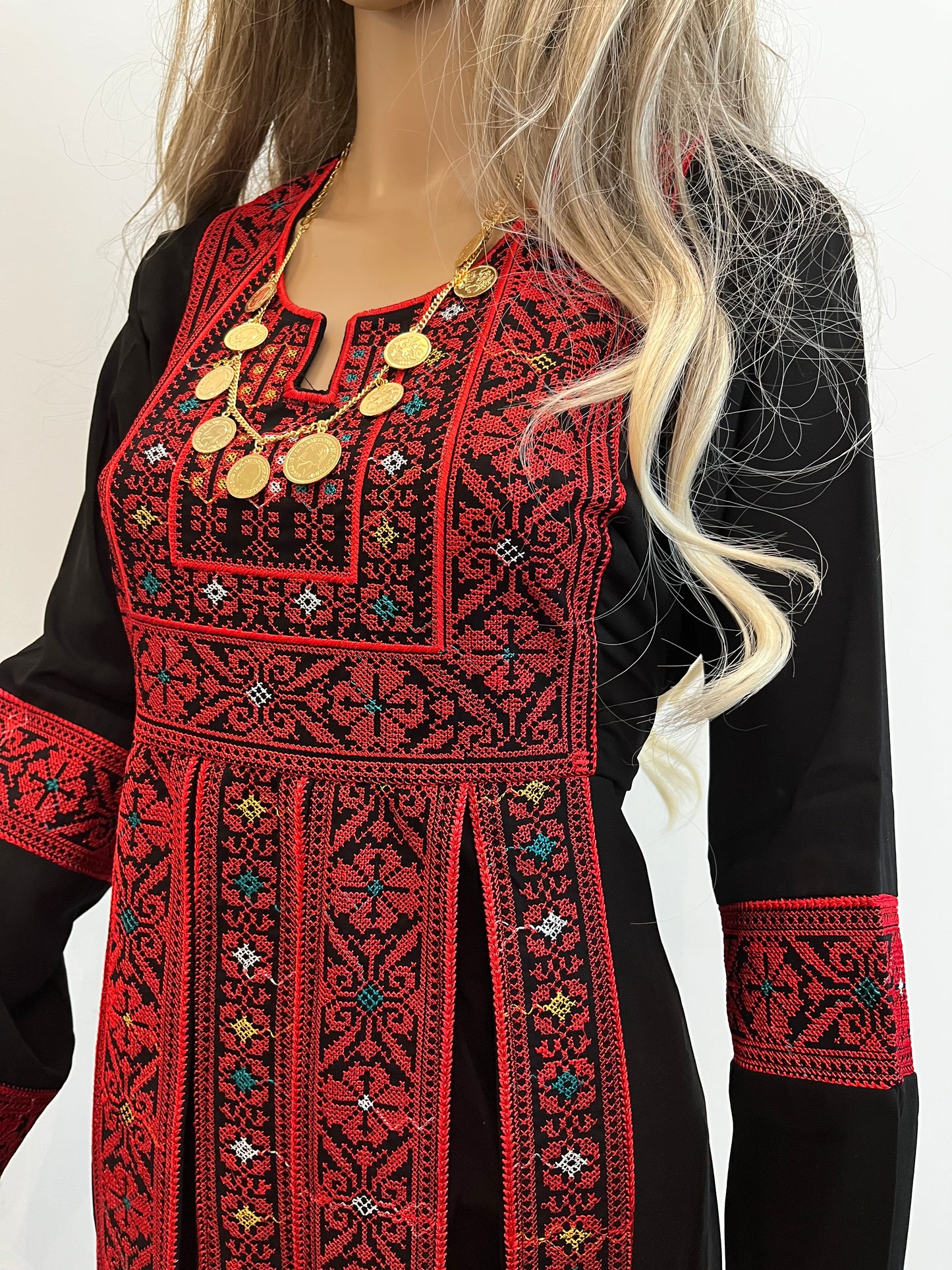 Mariam Red & Black Multicoloured Traditional Thobe Dress (Embroidered Tatreez Palestinian Jordanian Thobe)