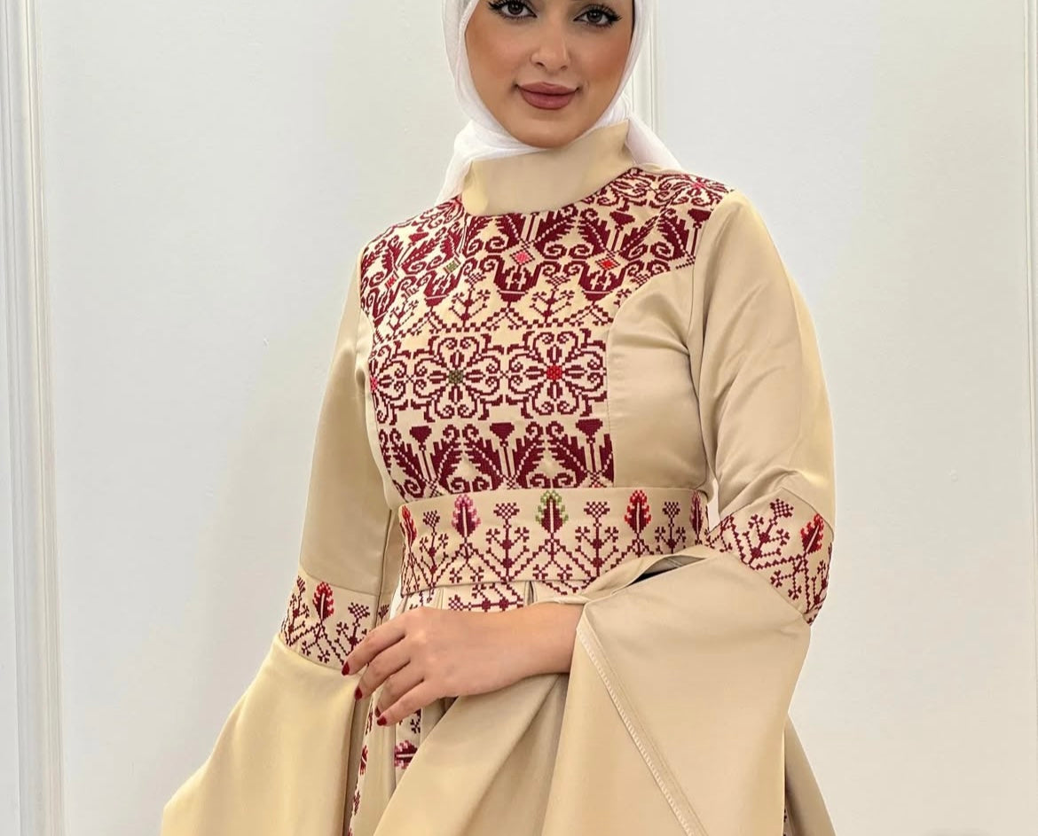 Raeda - Beige & Burgundy With Extra Long Sleeve Modern Dress Thobe