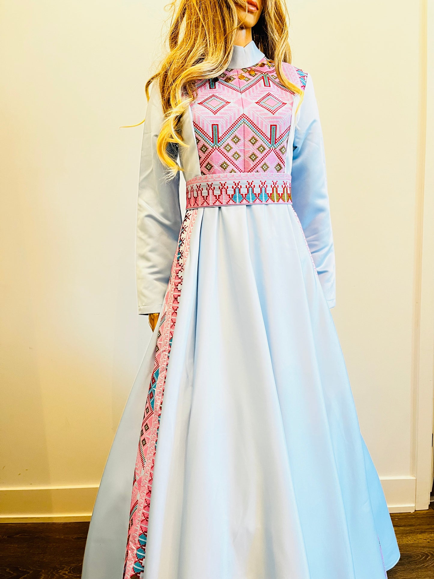 Rola - Blue Satin with Pink Tatreez Modern Dress Thobe - High Neck