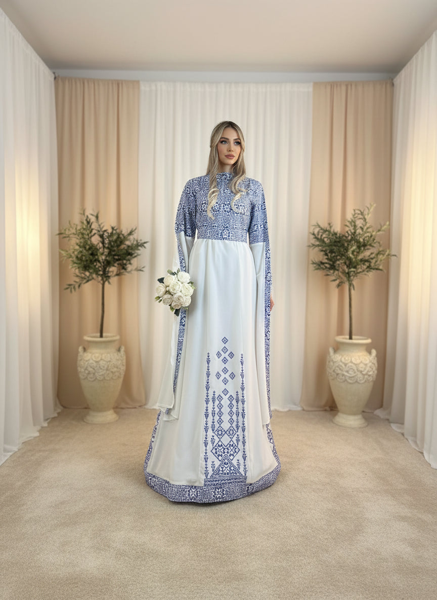 Blue & White Bridal Full Embroidery Palestinian Thobe with Extra Long Majestic_Thobe Blue & White Bridal Full Embroidery Palestinian Thobe with Extra Long Majestic_Thobe