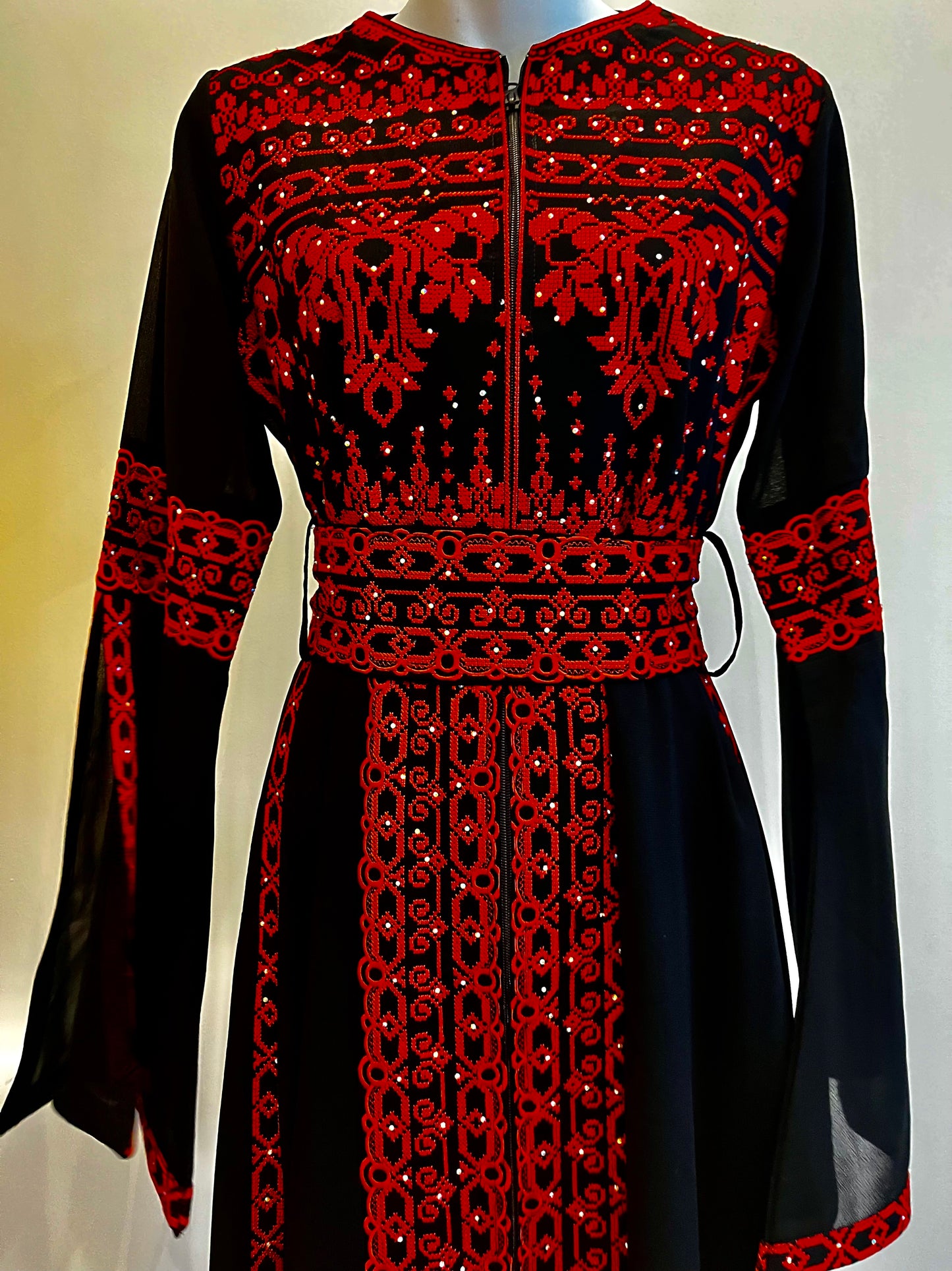 Black & Red Long Sleeve Full Embroidered Palestinian Thobe/Dress (3 pieces) - Al Khalili Thobe