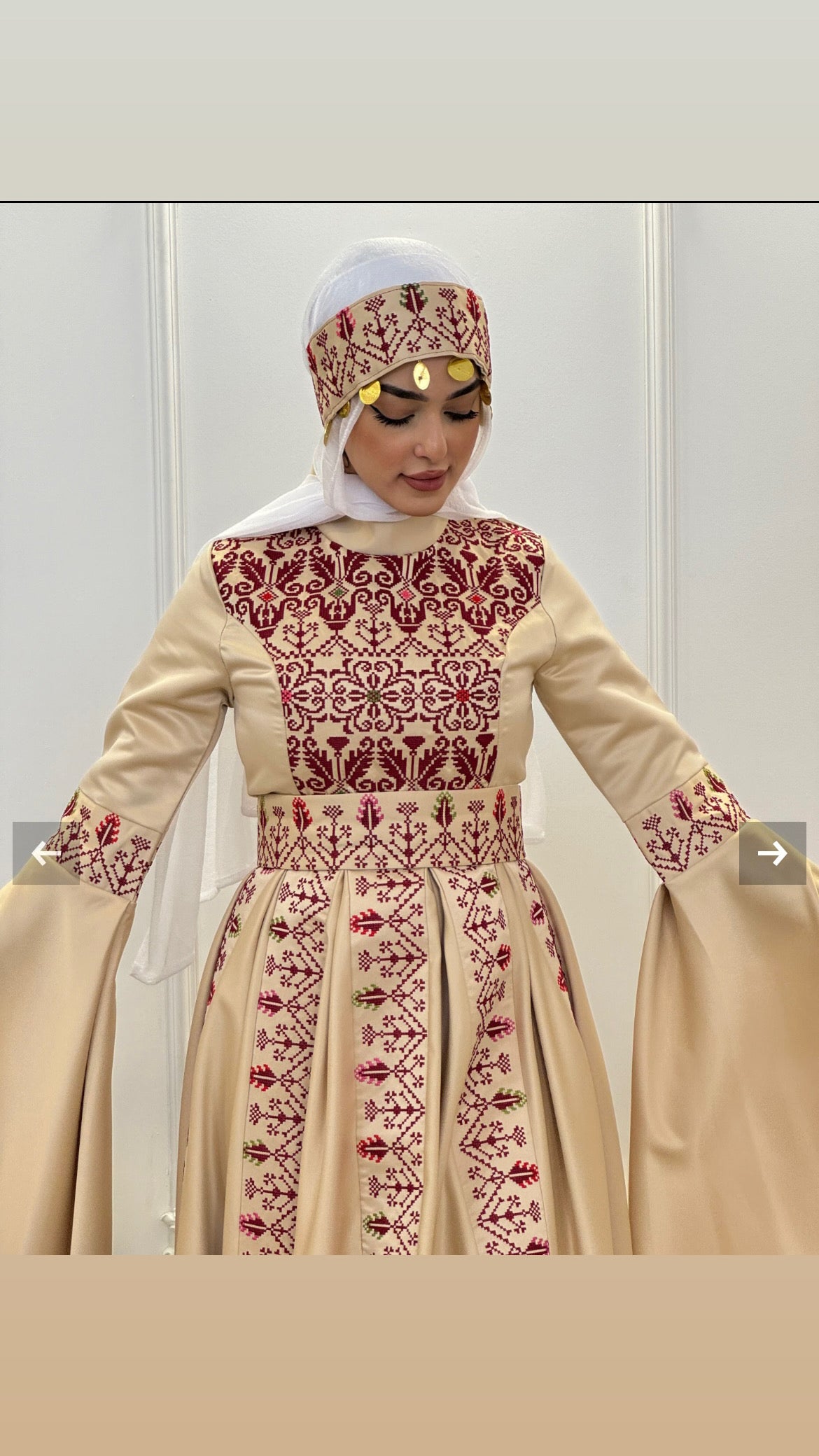 Raeda - Beige & Burgundy With Extra Long Sleeve Modern Dress Thobe