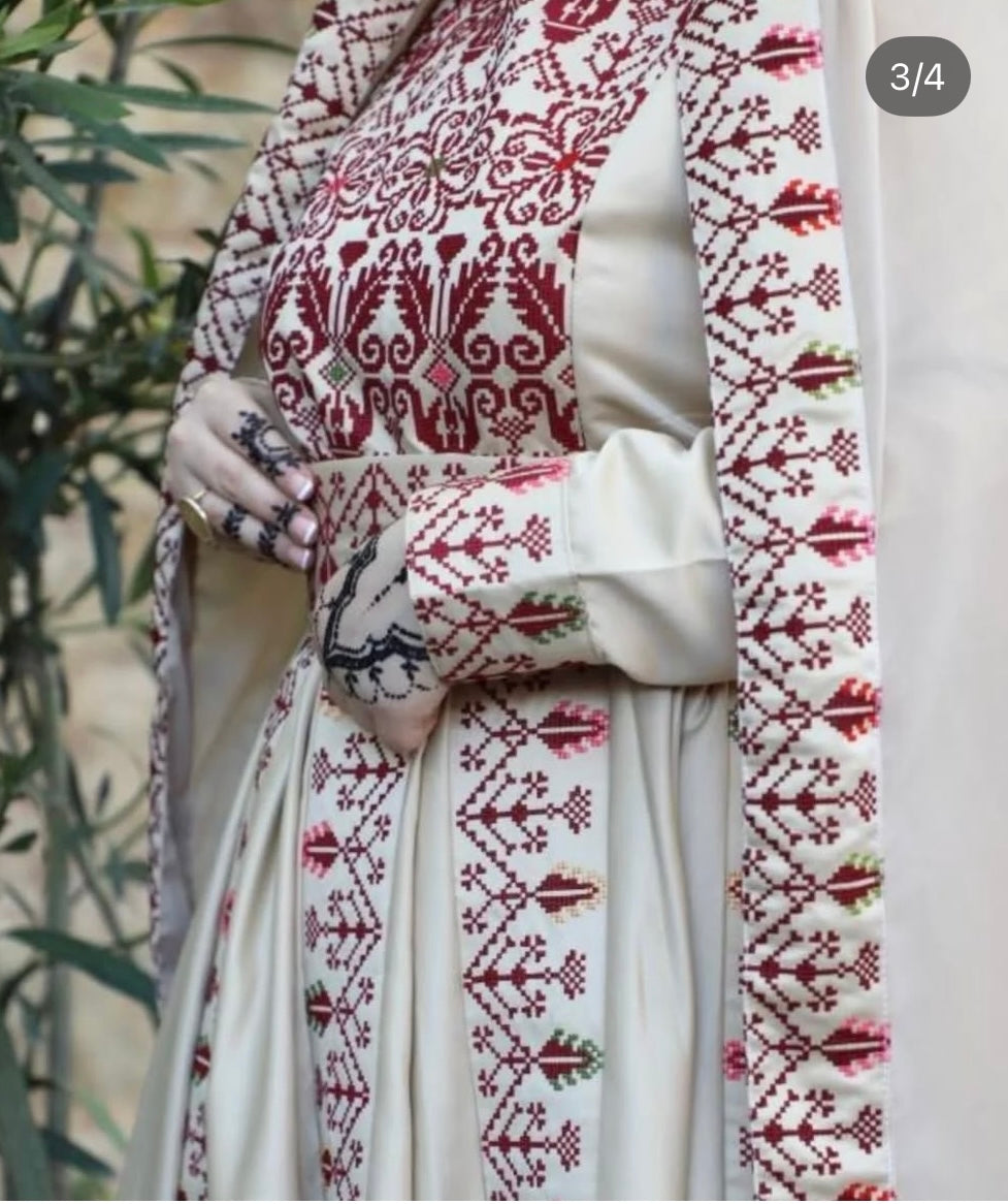 Raeda - Beige & Burgundy With Extra Long Sleeve Modern Dress Thobe