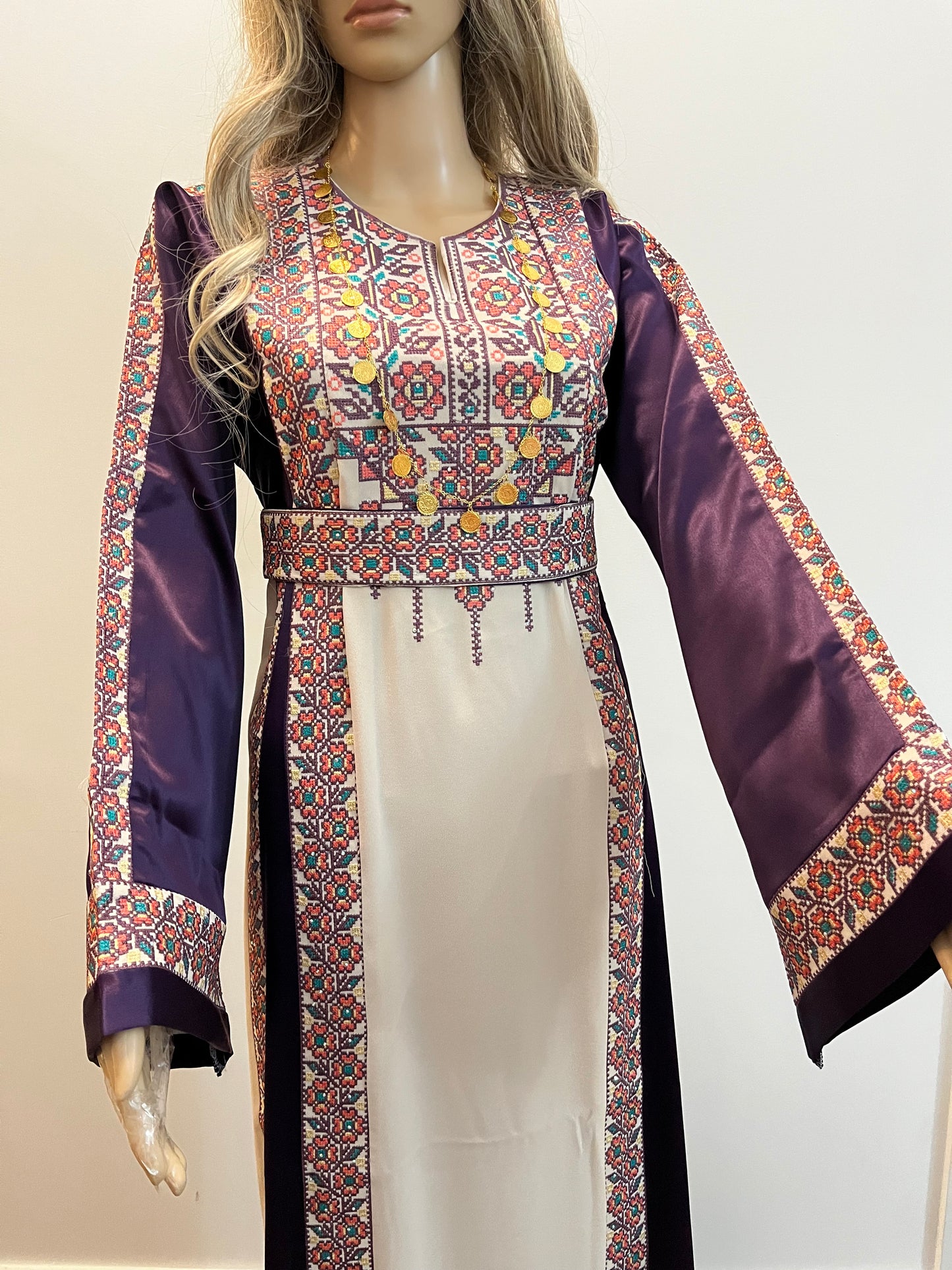 Purple With Flowers & Sparkle Traditional Long Sleeve Full Embroidered Palestinian Thobe/Dress