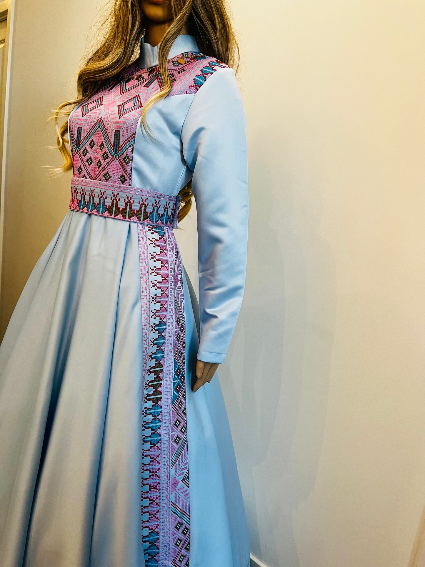 Rola - Blue Satin with Pink Tatreez Modern Dress Thobe - High Neck
