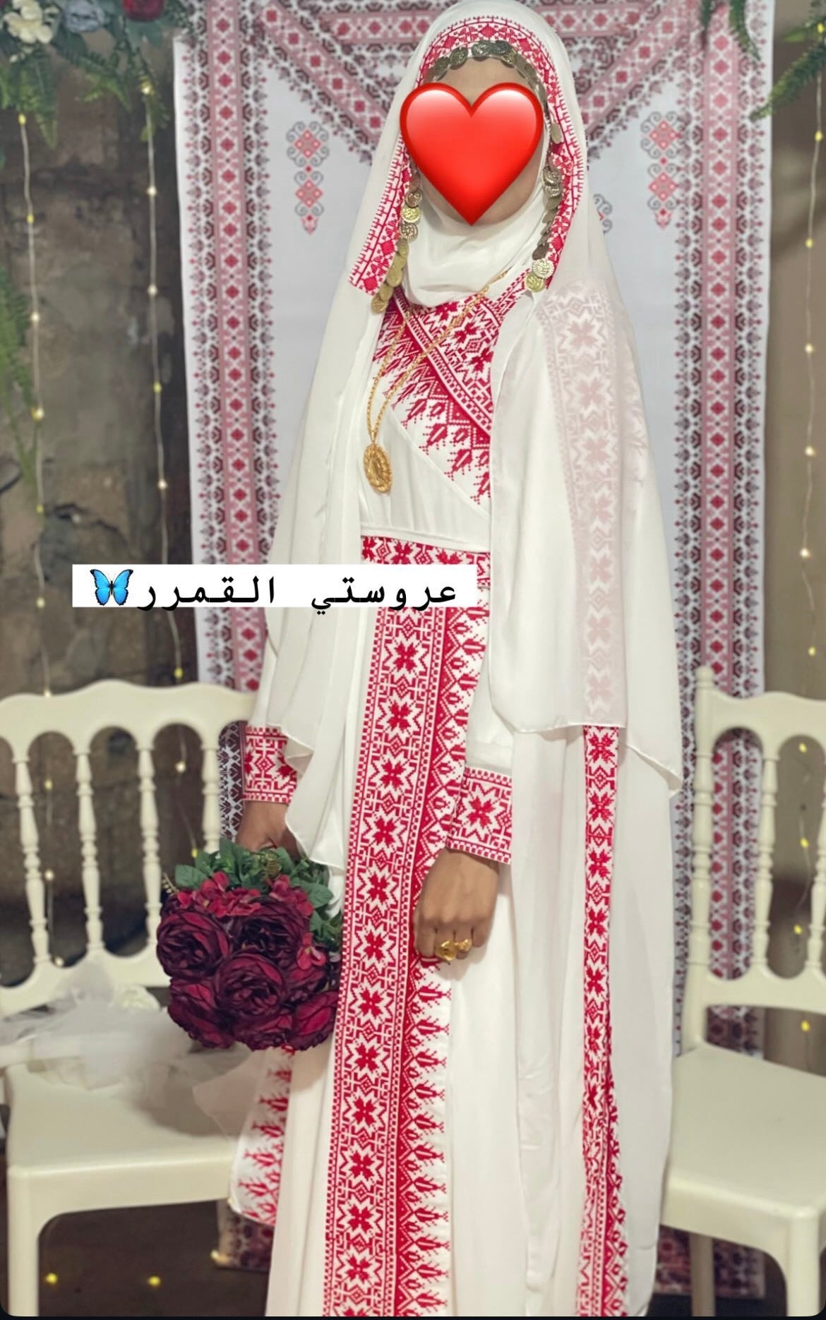 White & Red Tatreez One Shoulder Embroidery Palestinian Thobe - Al Jerusalem ( No Veil )