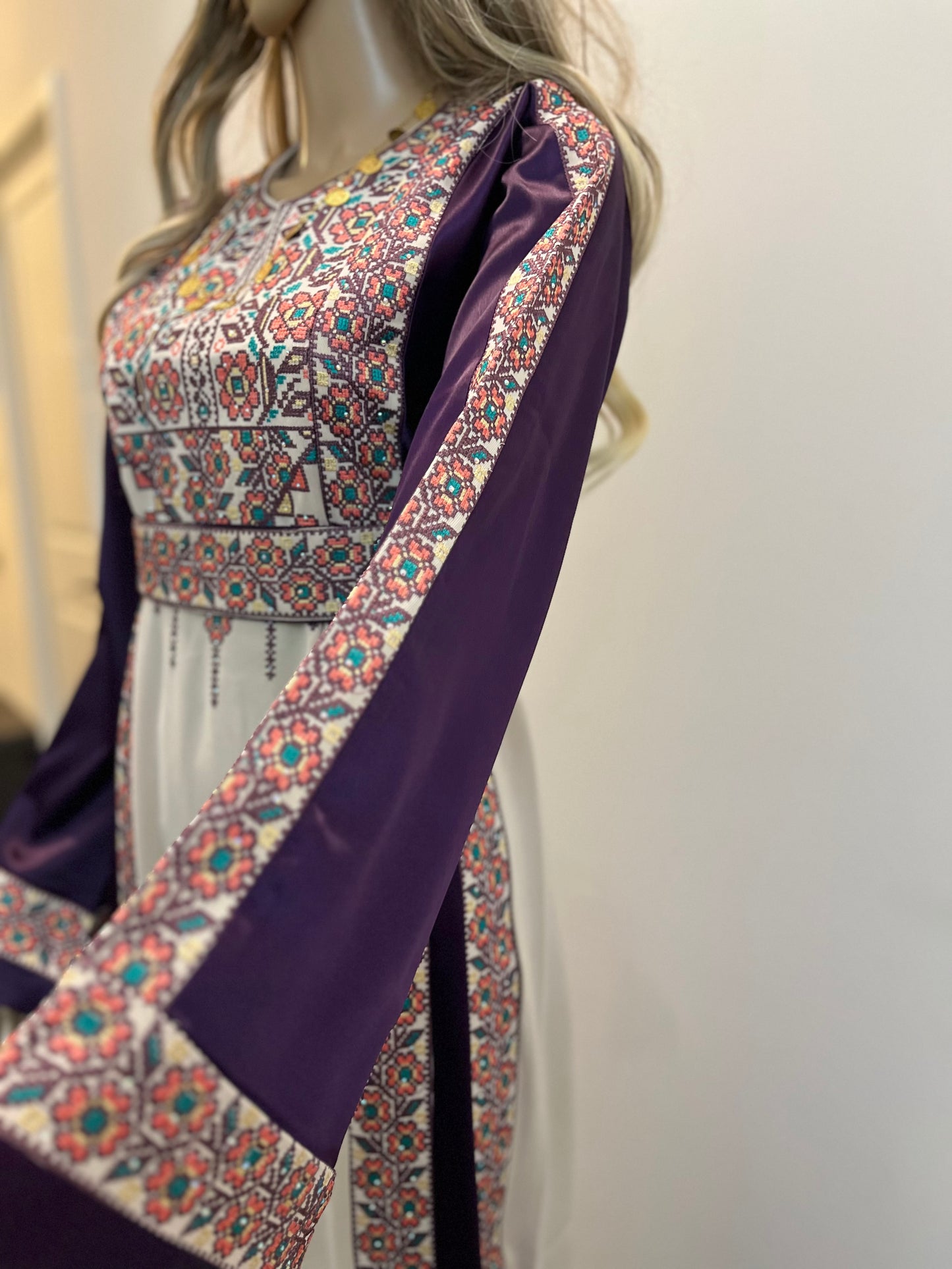 Purple With Flowers & Sparkle Traditional Long Sleeve Full Embroidered Palestinian Thobe/Dress