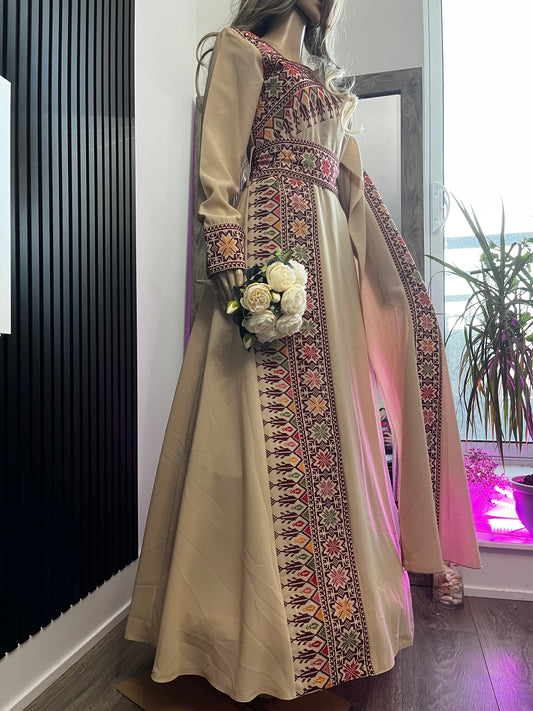 Beige Tatreez One Shoulder Embroidery Palestinian Thobe - Al Jerusalem