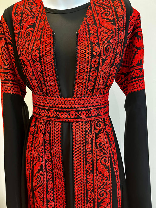 Black & Red Extra Long Sleeve Full Embroidered Palestinian Thobe (3 pieces) - Al Tulkarem Thobe