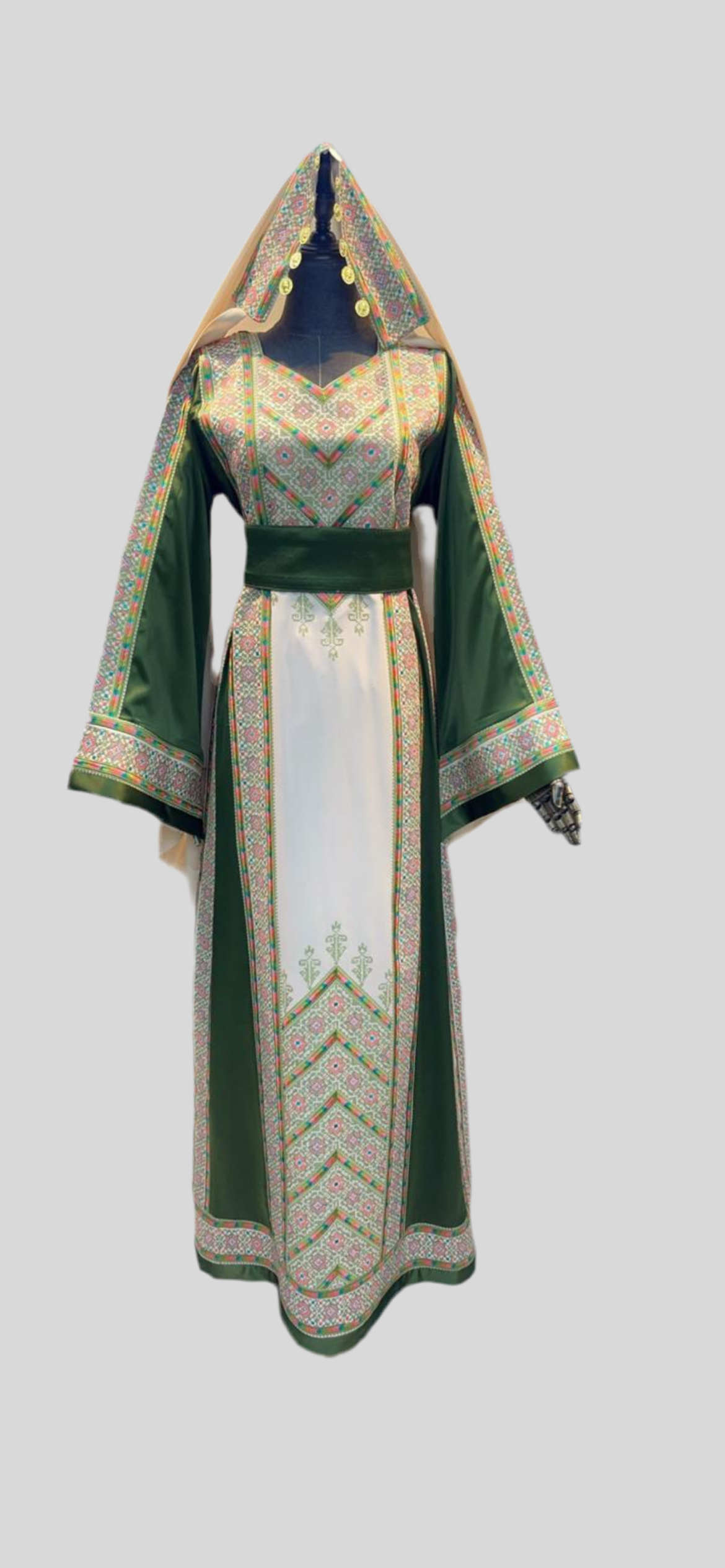 Nabuls Thobe - Green and Beige Traditional Full tatreez back and front Thobe ( No veil)