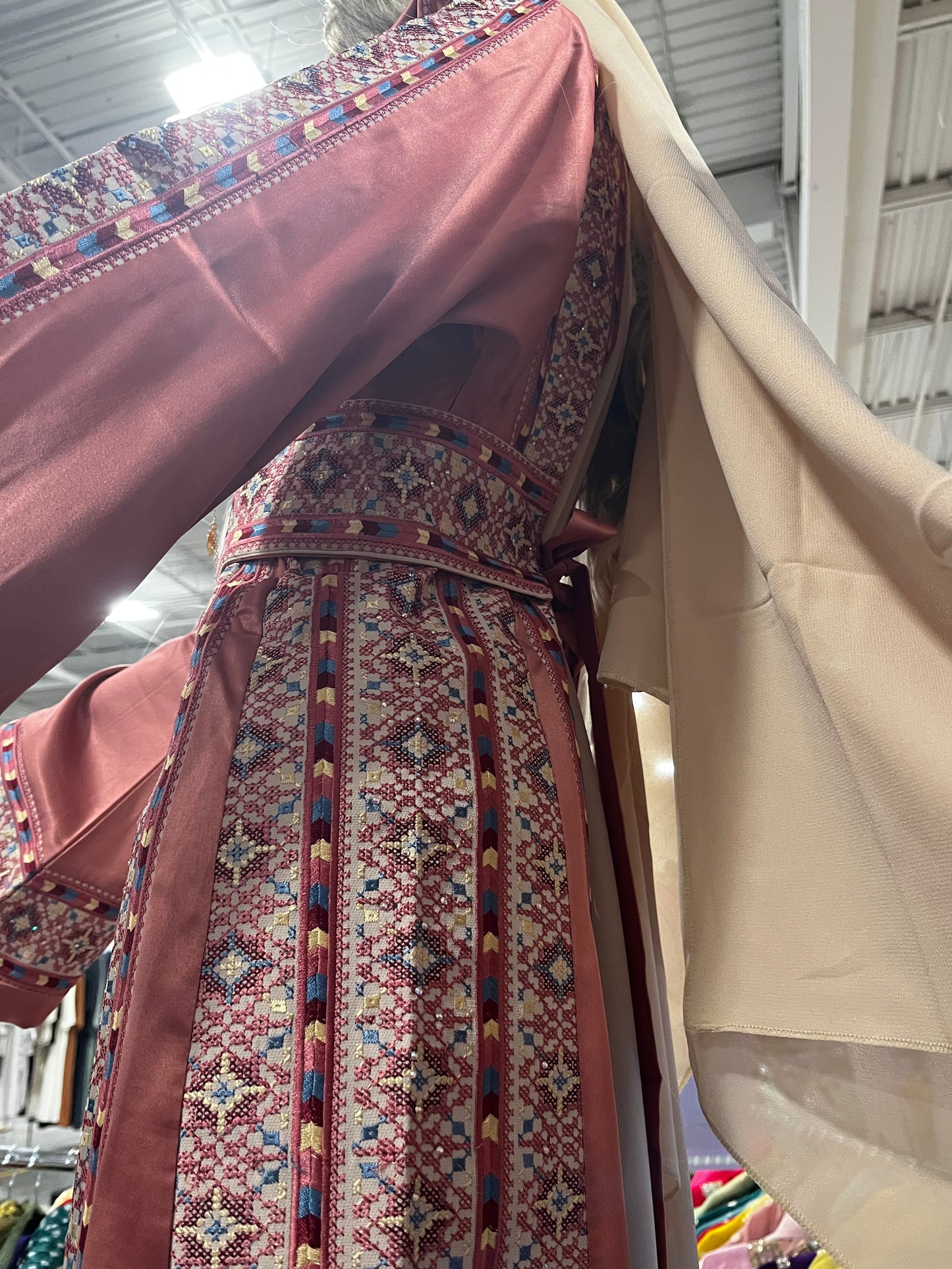 Nabuls Thobe - Pink and Beige Traditional Full tatreez back and front Thobe