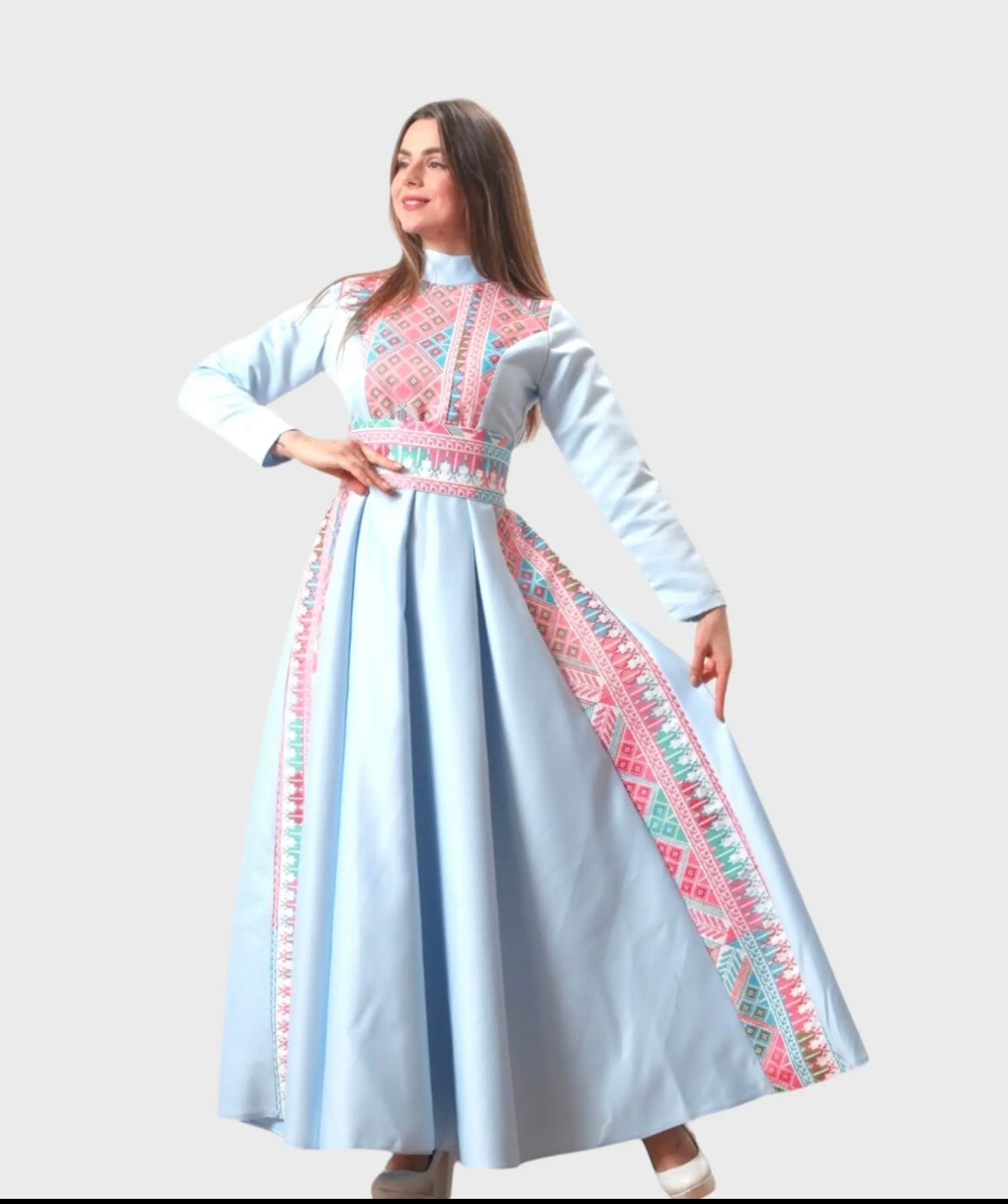 Rola - Blue Satin with Pink Tatreez Modern Dress Thobe - High Neck