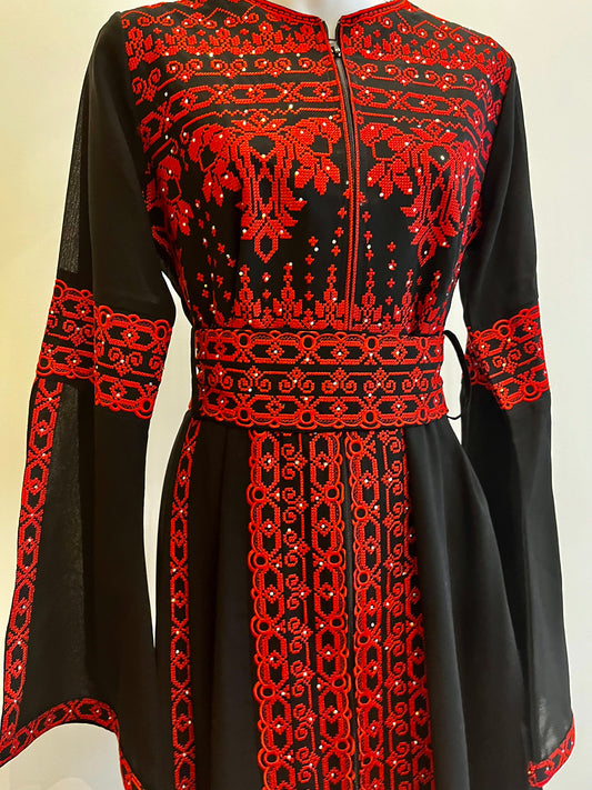 Black & Red Long Sleeve Full Embroidered Palestinian Thobe/Dress (3 pieces) - Al Khalili Thobe