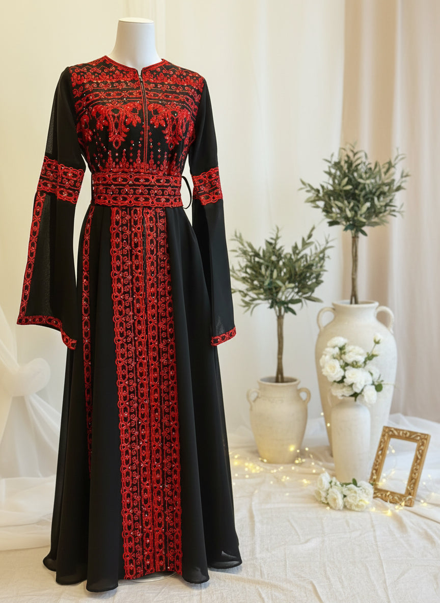 Black & Red Long Sleeve Full Embroidered Palestinian Thobe/Dress (3 pieces) - Al Khalili Thobe Size 2 Black & Red Long Sleeve Full Embroidered Palestinian Thobe/Dress (3 pieces) - Al Khalili Thobe Size 2