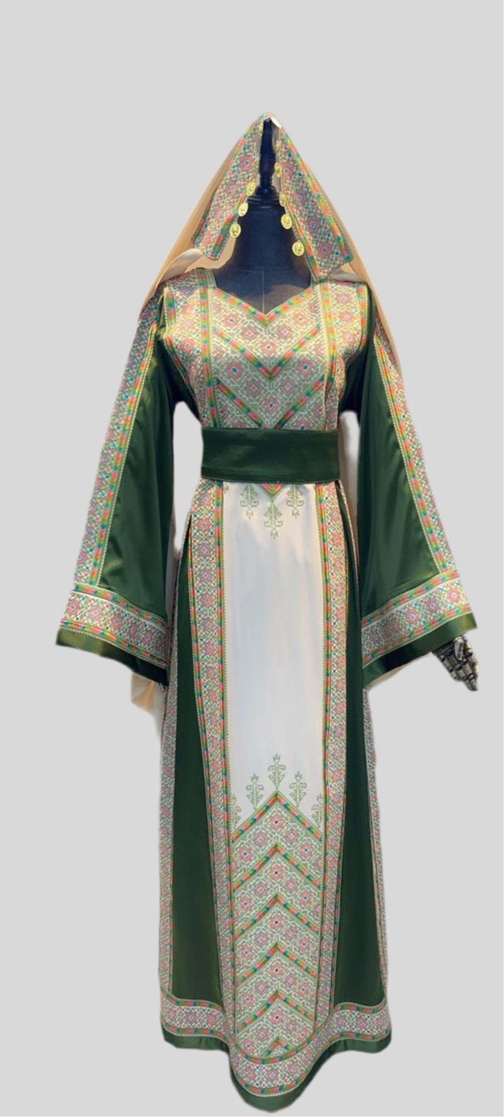 Nabuls Thobe - Green and Beige Traditional Full tatreez back and front Thobe ( No veil)