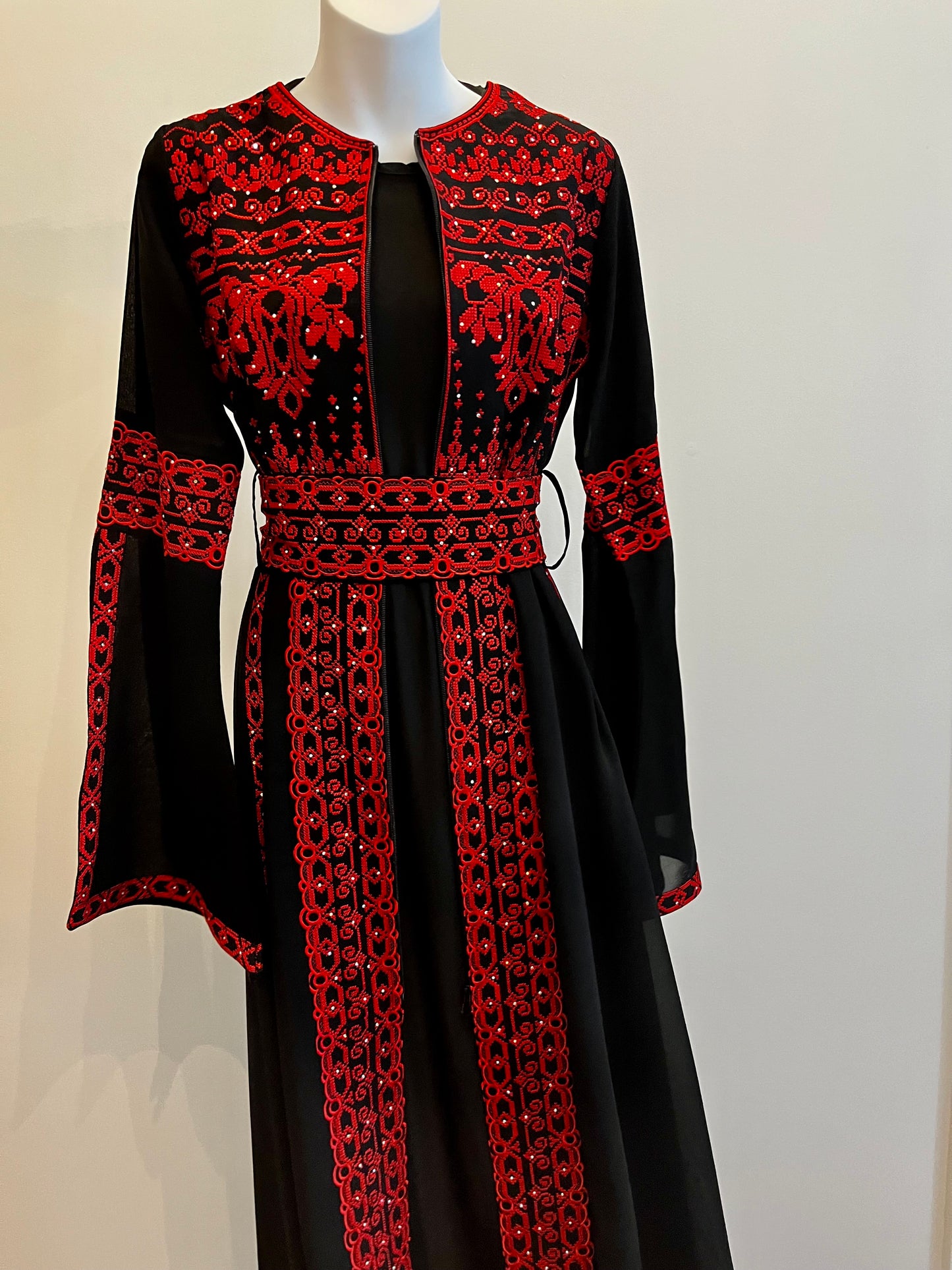 Black & Red Long Sleeve Full Embroidered Palestinian Thobe/Dress (3 pieces) - Al Khalili Thobe