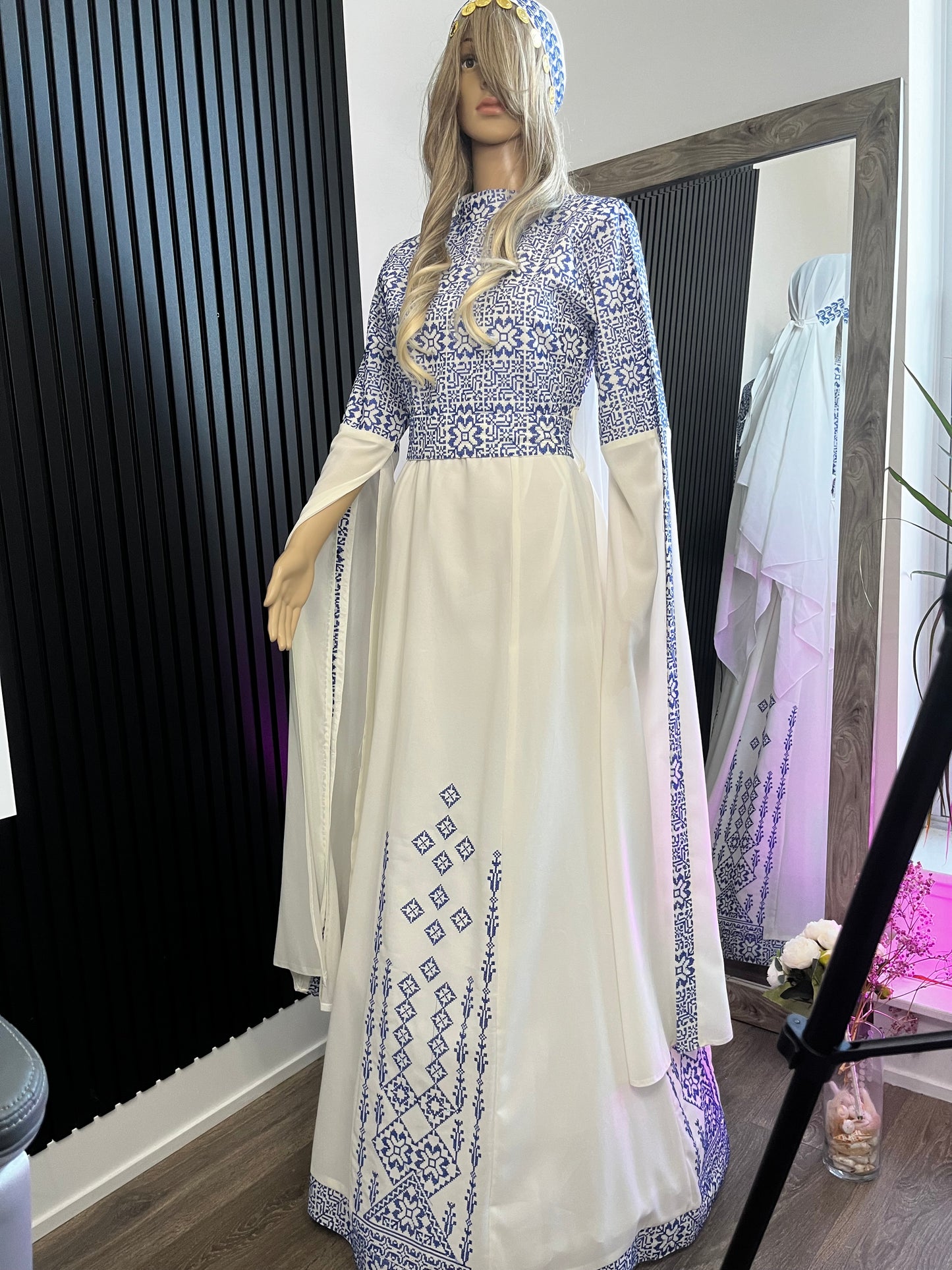 Blue & White Bridal Full Embroidery Palestinian Thobe with Extra Long Sleeves - Al Ramallah