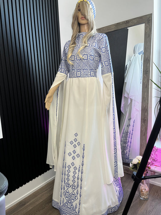 Blue & White Bridal Full Embroidery Palestinian Thobe with Extra Long Sleeves -  Al Ramallah