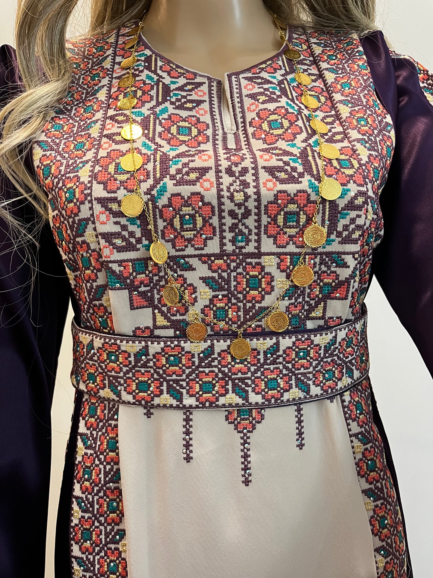 Purple With Flowers & Sparkle Traditional Long Sleeve Full Embroidered Palestinian Thobe/Dress