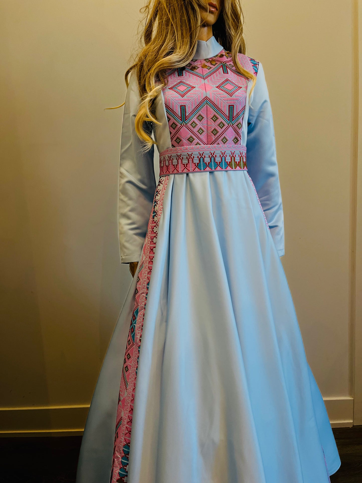 Rola - Blue Satin with Pink Tatreez Modern Dress Thobe - High Neck