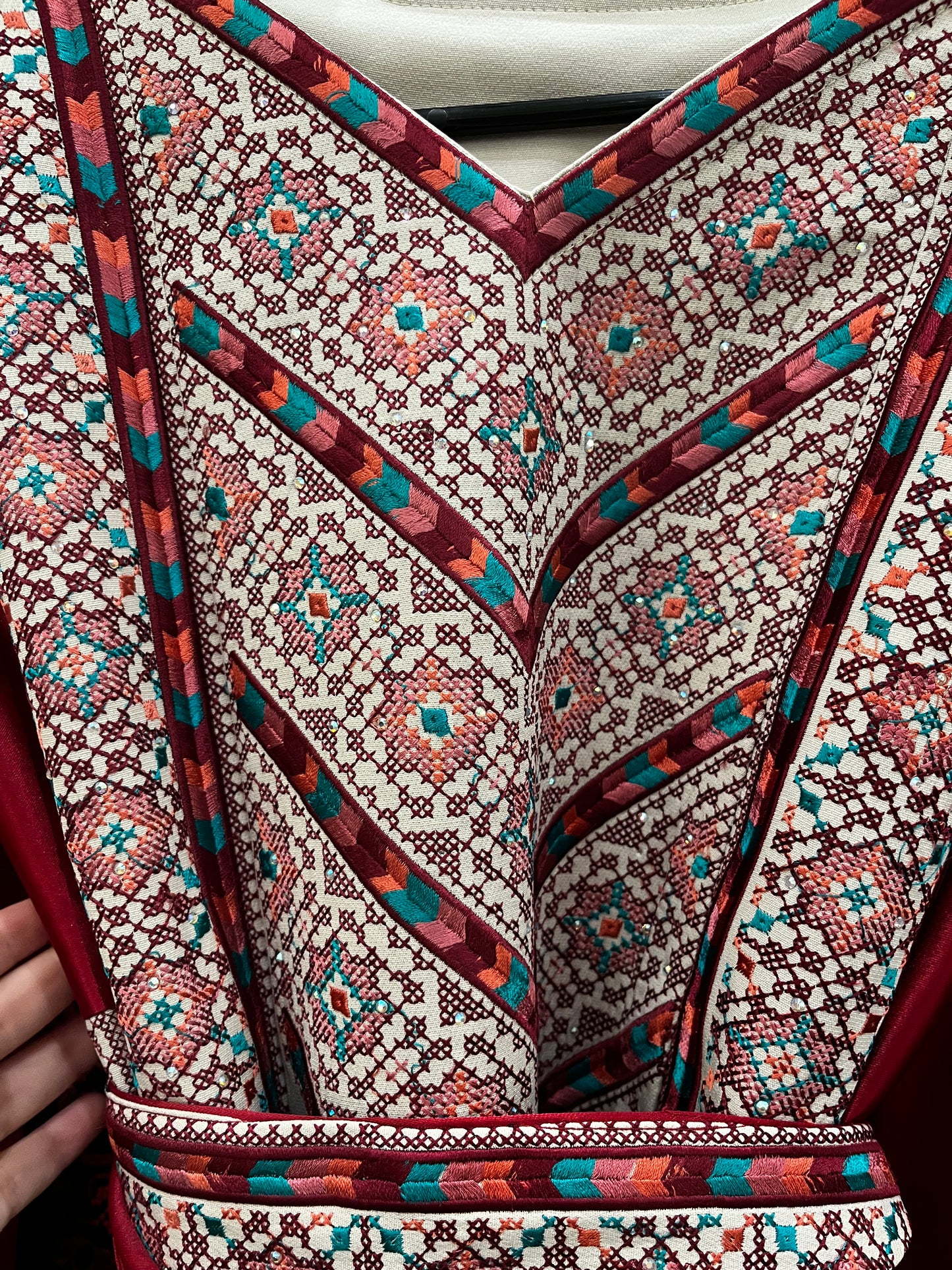 Nabuls Thobe - Burgundy and Beige Traditional Full tatreez back and front Thobe (No veil)