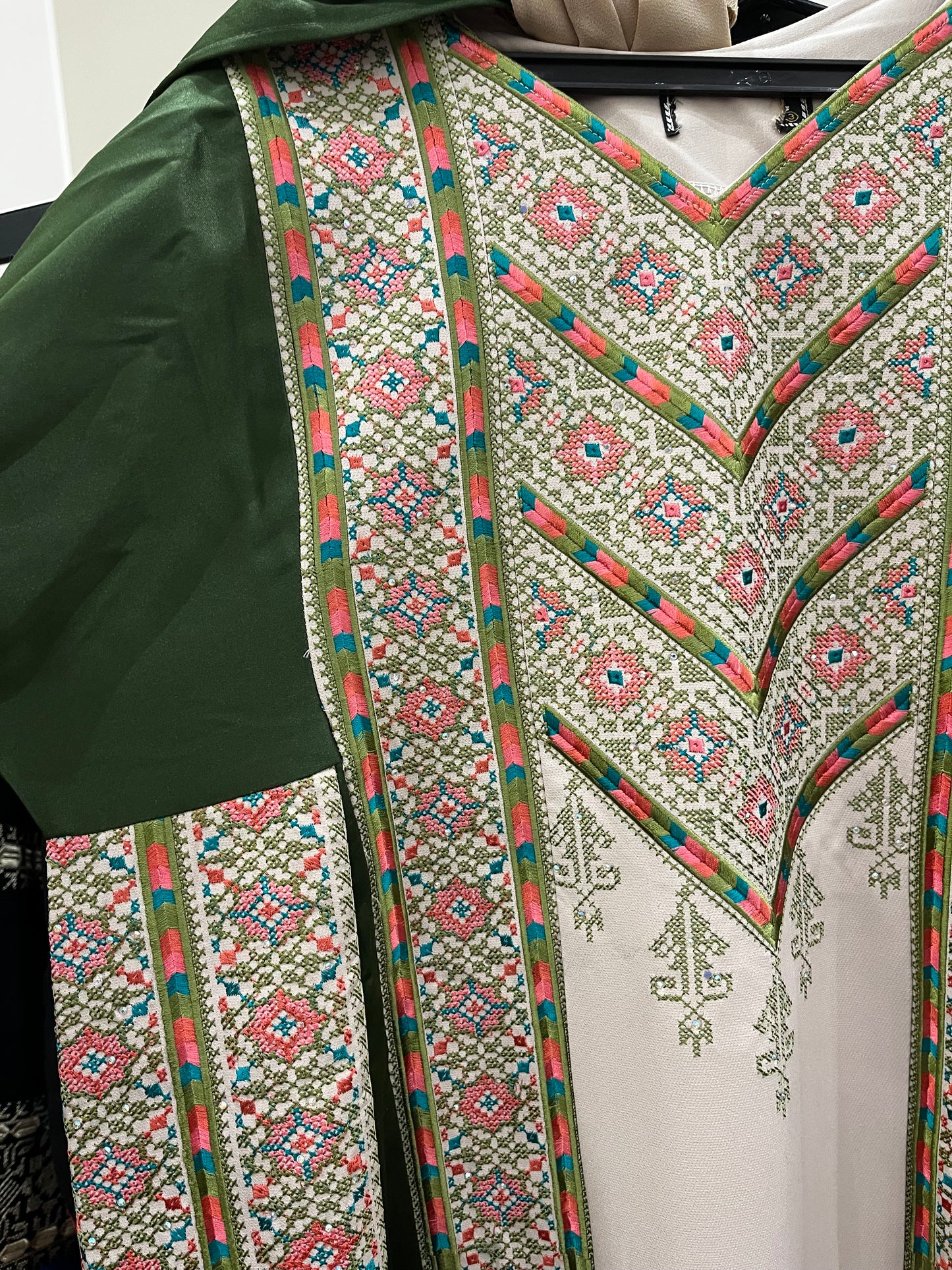 Nabuls Thobe - Green and Beige Traditional Full tatreez back and front Thobe ( No veil)