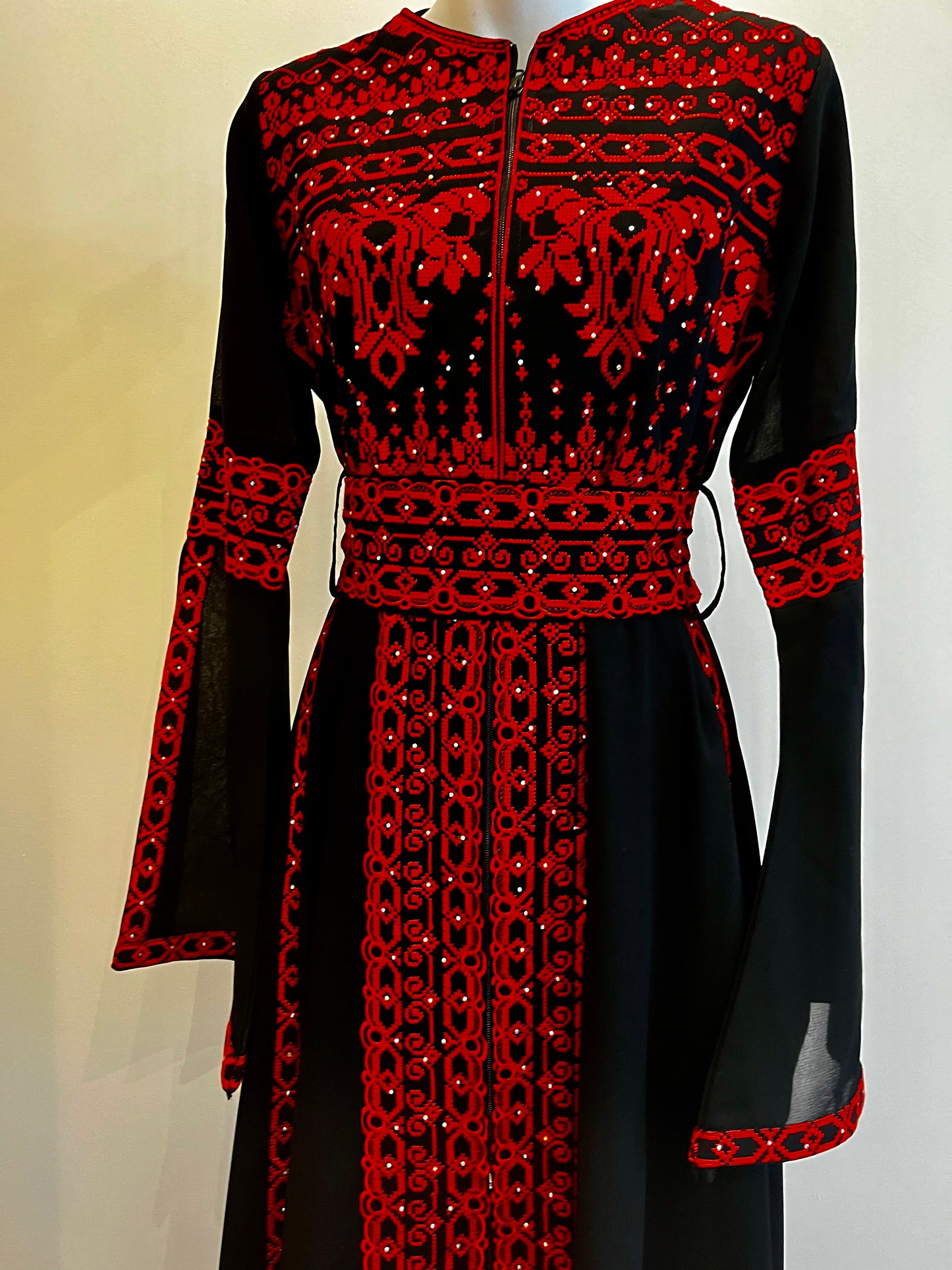 Black & Red Long Sleeve Full Embroidered Palestinian Thobe/Dress (3 pieces) - Al Khalili Thobe