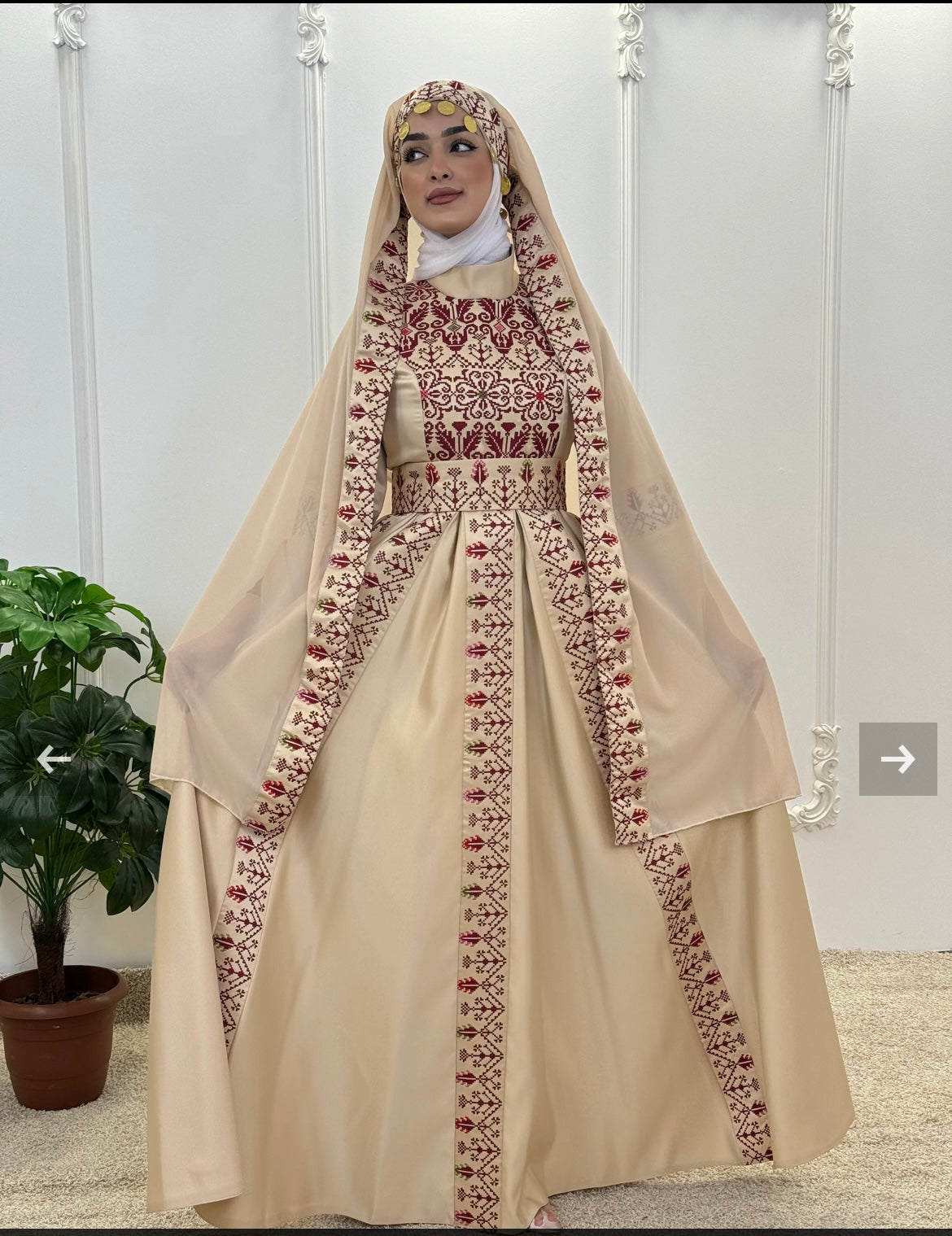 Raeda - Beige & Burgundy With Extra Long Sleeve Modern Dress Thobe