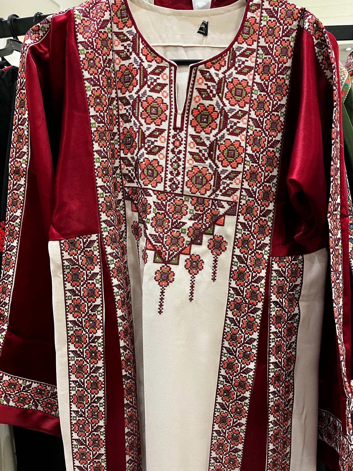 Burgundy With Flowers & Sparkle Traditional Long Sleeve Full Embroidered Palestinian Thobe/Dress