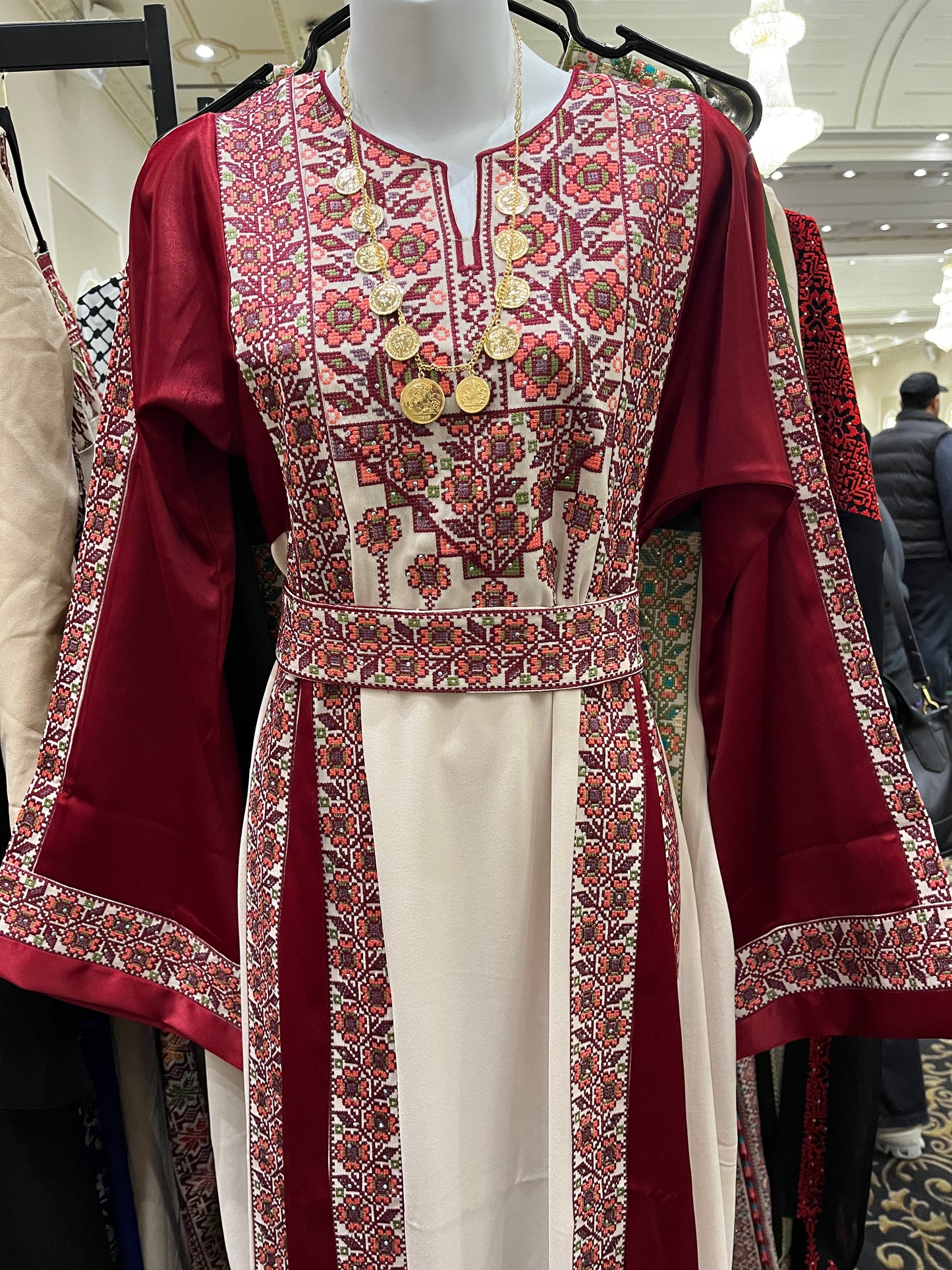 Burgundy With Flowers & Sparkle Traditional Long Sleeve Full Embroidered Palestinian Thobe/Dress