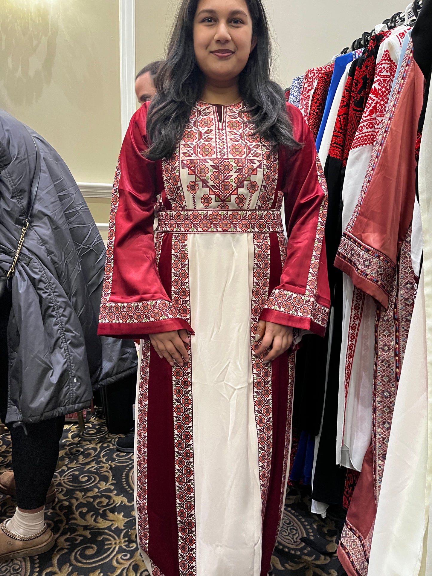 Burgundy With Flowers & Sparkle Traditional Long Sleeve Full Embroidered Palestinian Thobe/Dress
