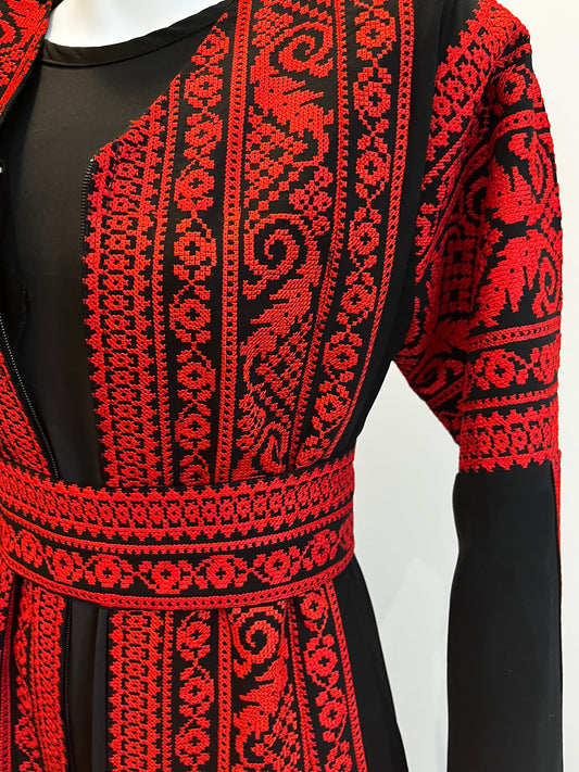 Black & Red Extra Long Sleeve Full Embroidered Palestinian Thobe (3 pieces) - Al Tulkarem Thobe