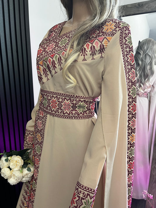 Beige Tatreez One Shoulder Embroidery Palestinian Thobe - Al Jerusalem